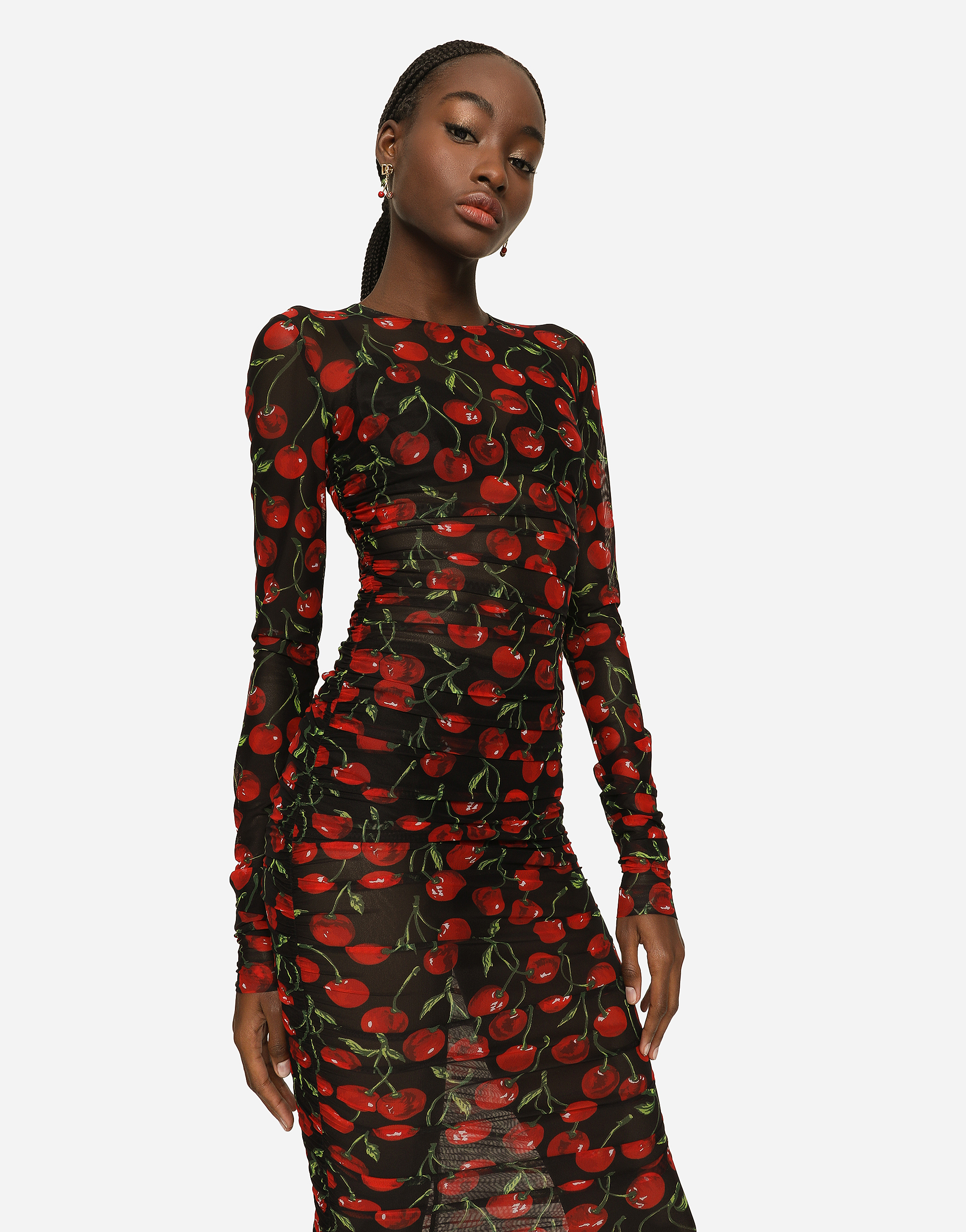 DOLCE & GABBANA CHERRY-PRINT TULLE CALF-LENGTH DRESS WITH DRAPING