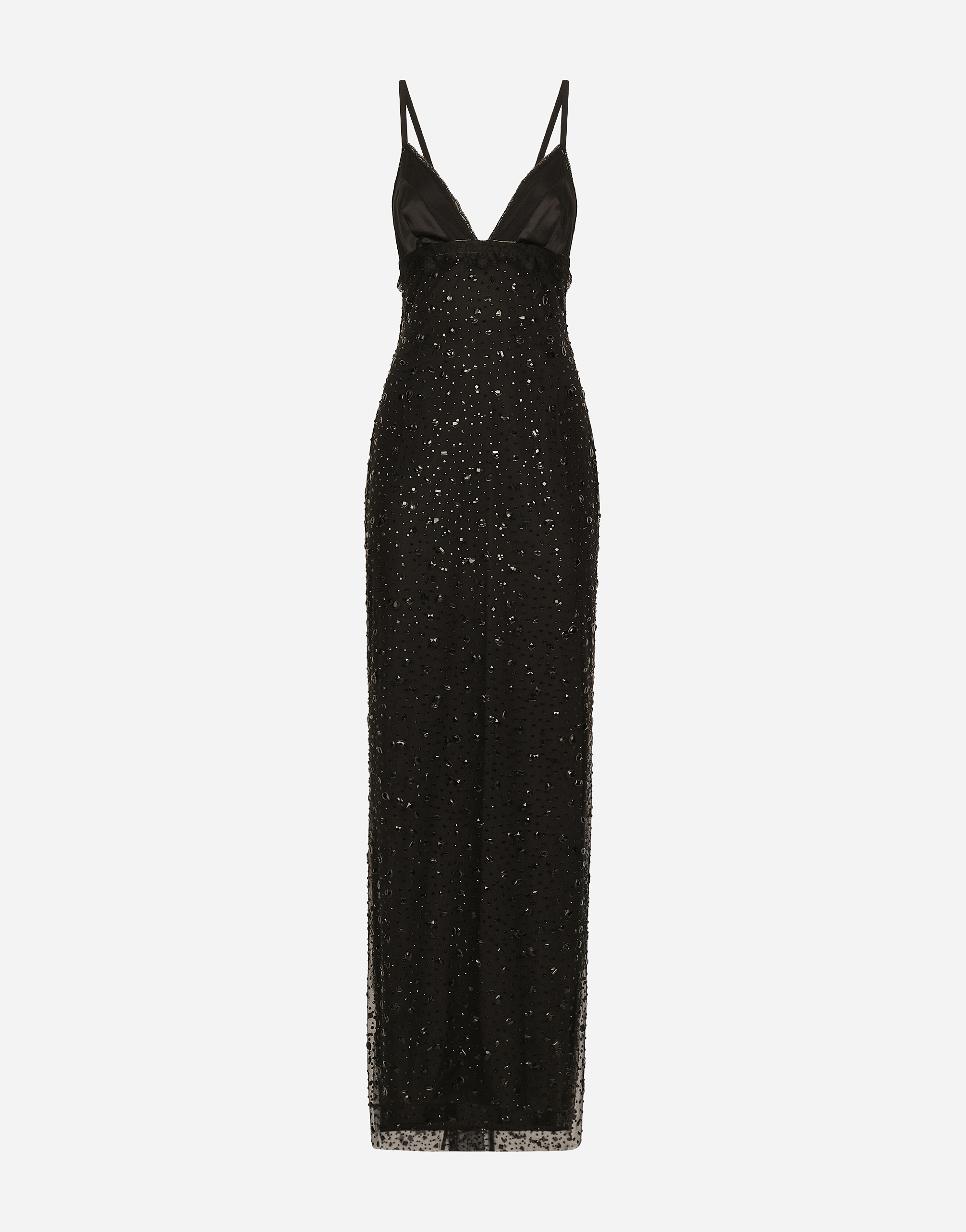 DOLCE & GABBANA LONG TULLE SLIP DRESS WITH ALL-OVER RHINESTONE EMBELLISHMENT