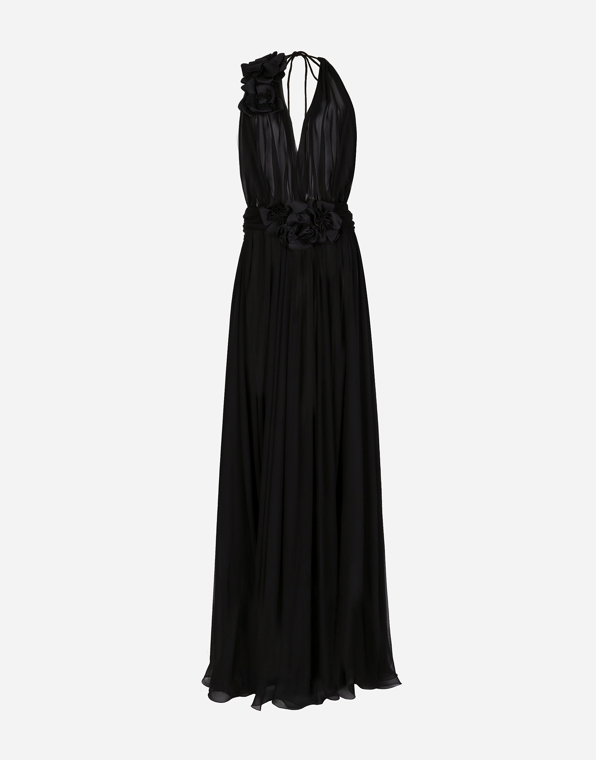 Dolce & Gabbana Long Silk Chiffon Dress With Floral Appliqué - Woman Dresses Black Silk