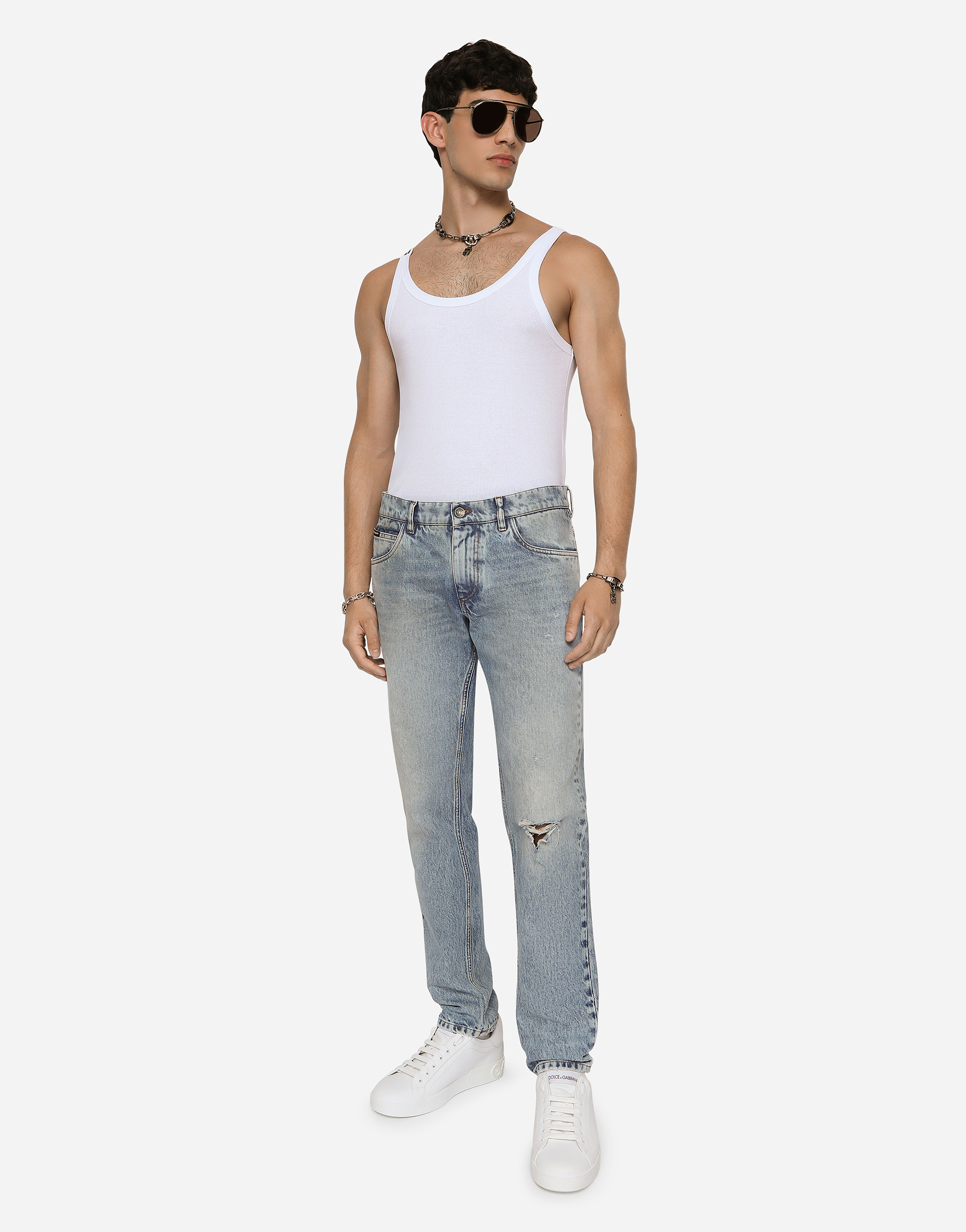 DOLCE & GABBANA LIGHT BLUE REGULAR-FIT STRETCH JEANS WITH RIPS