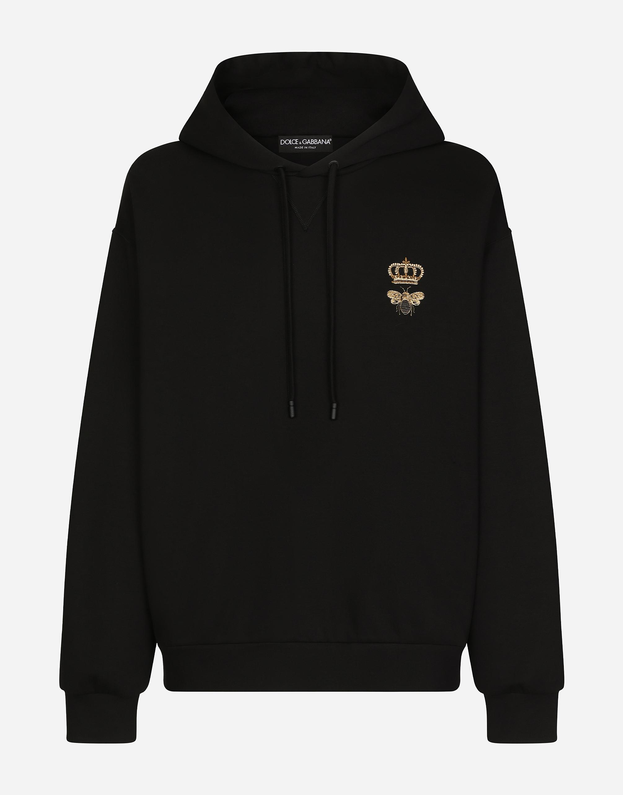 【送料&関税込】Dolce & Gabbana Knitted Drawstring Hoodi Cotton jersey hoodie with embroidery in Black for Men