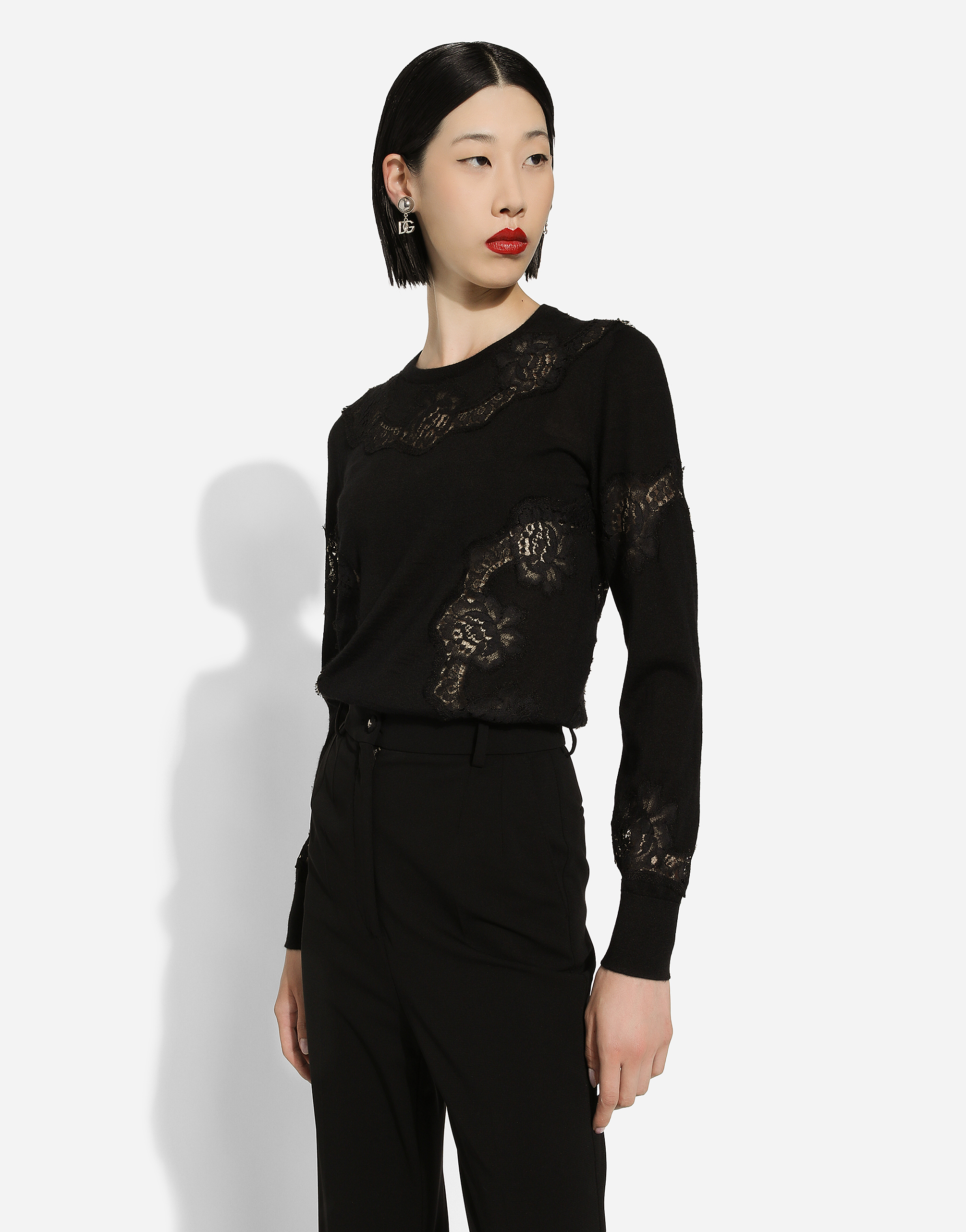 Shop Dolce & Gabbana Cashmere And Silk Sweater With Lace Inlay In Black