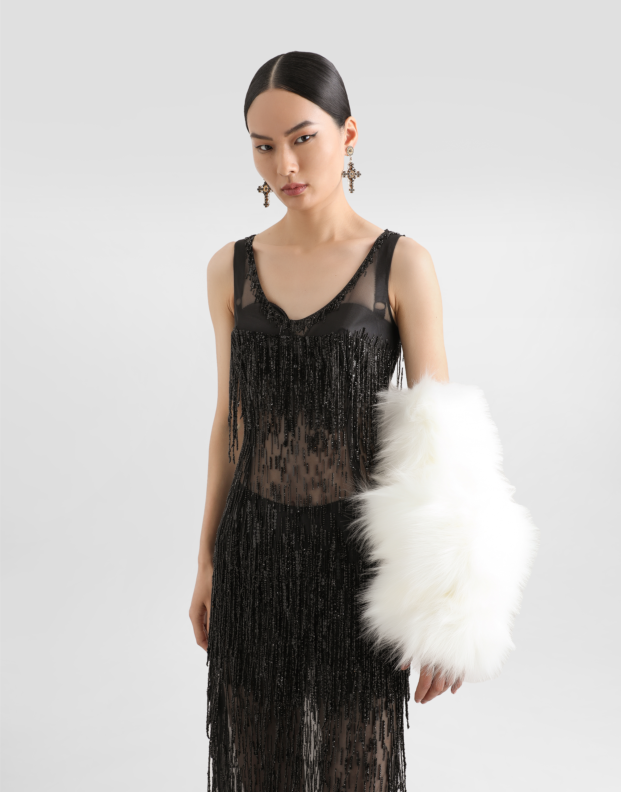 Sleeveless calf-length marquisette dress with sequined fringing