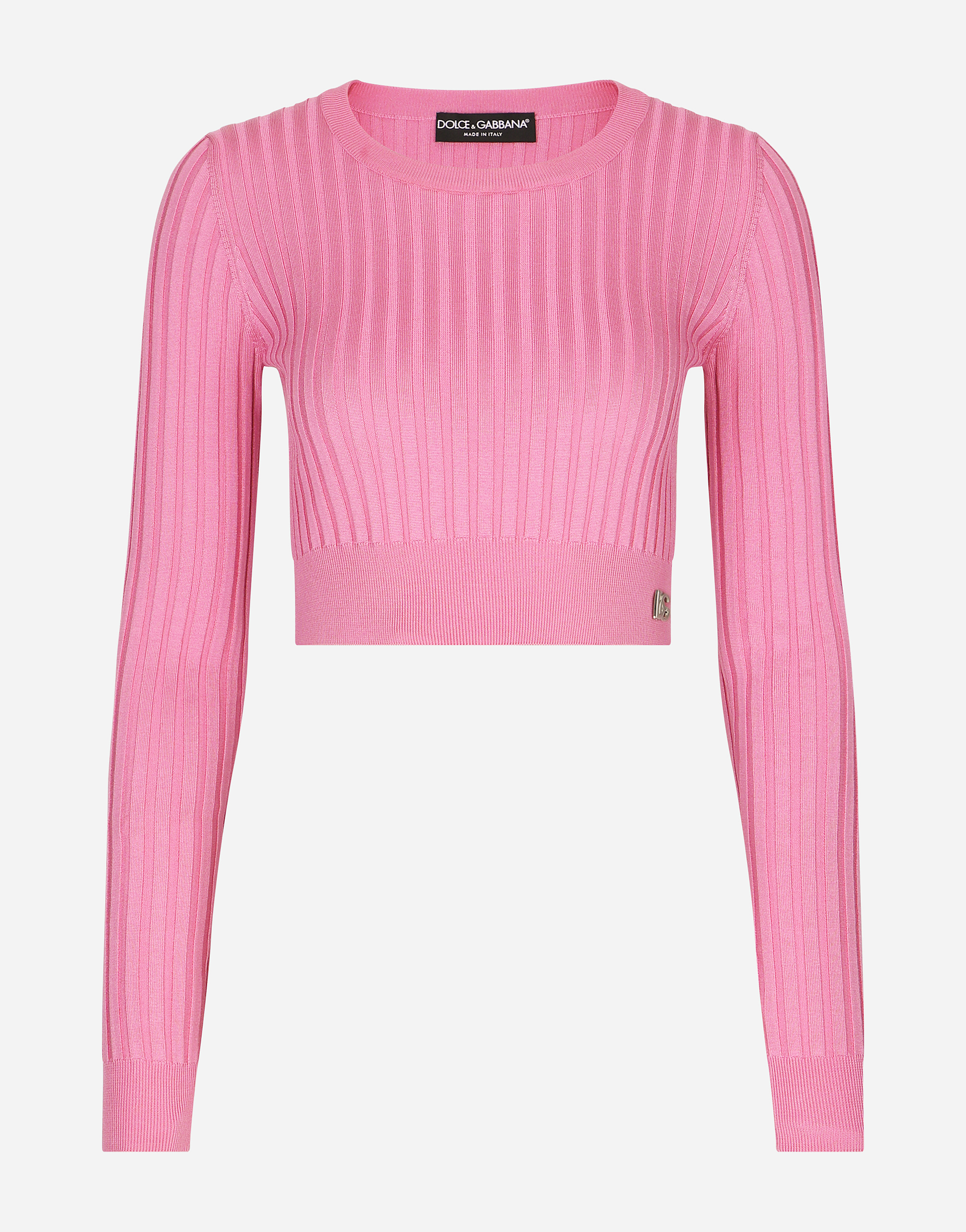 Dolce & Gabbana Cropped Sweater In Ribbed Silk In Pink