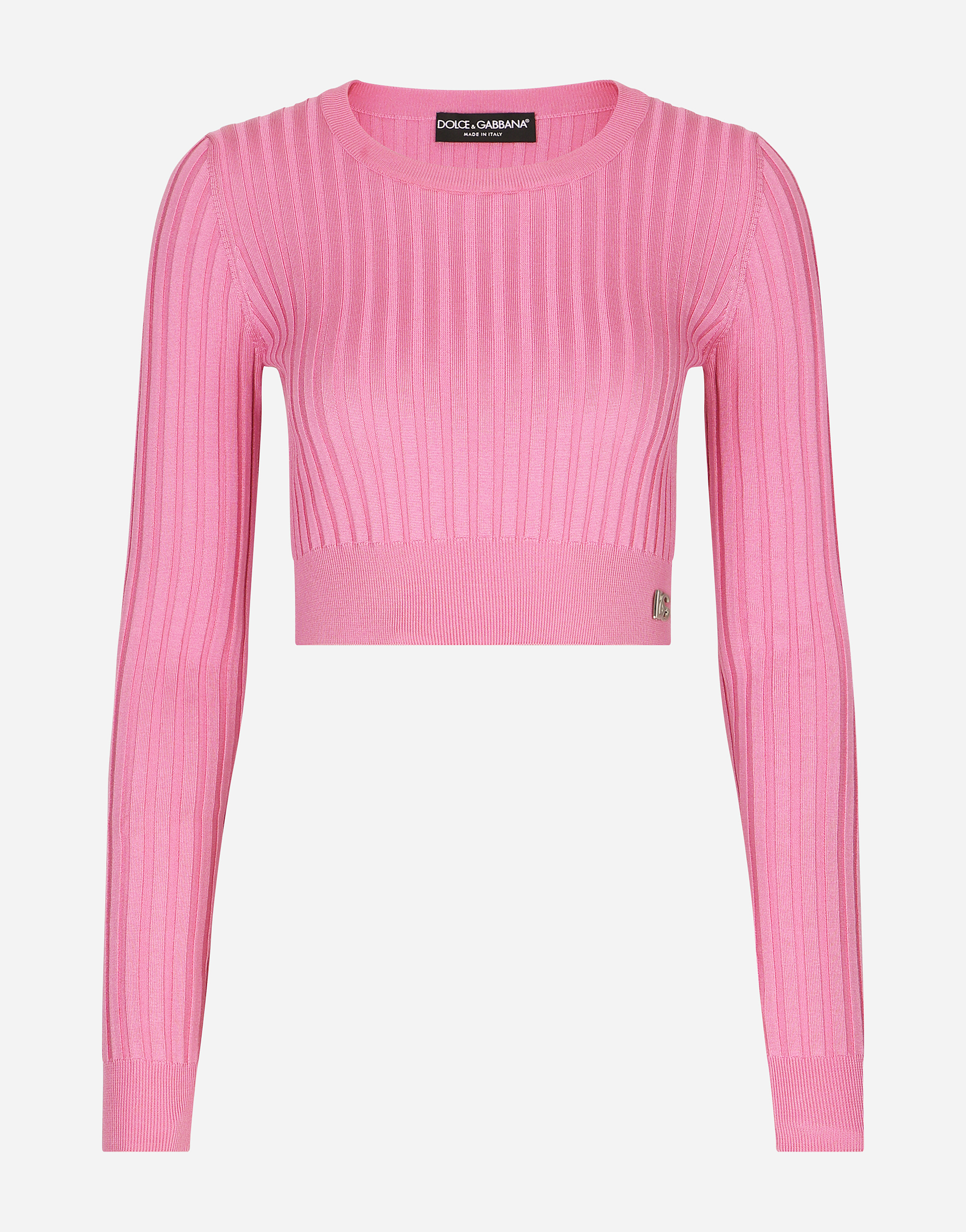 Shop Dolce & Gabbana Cropped Sweater In Ribbed Silk In Pink