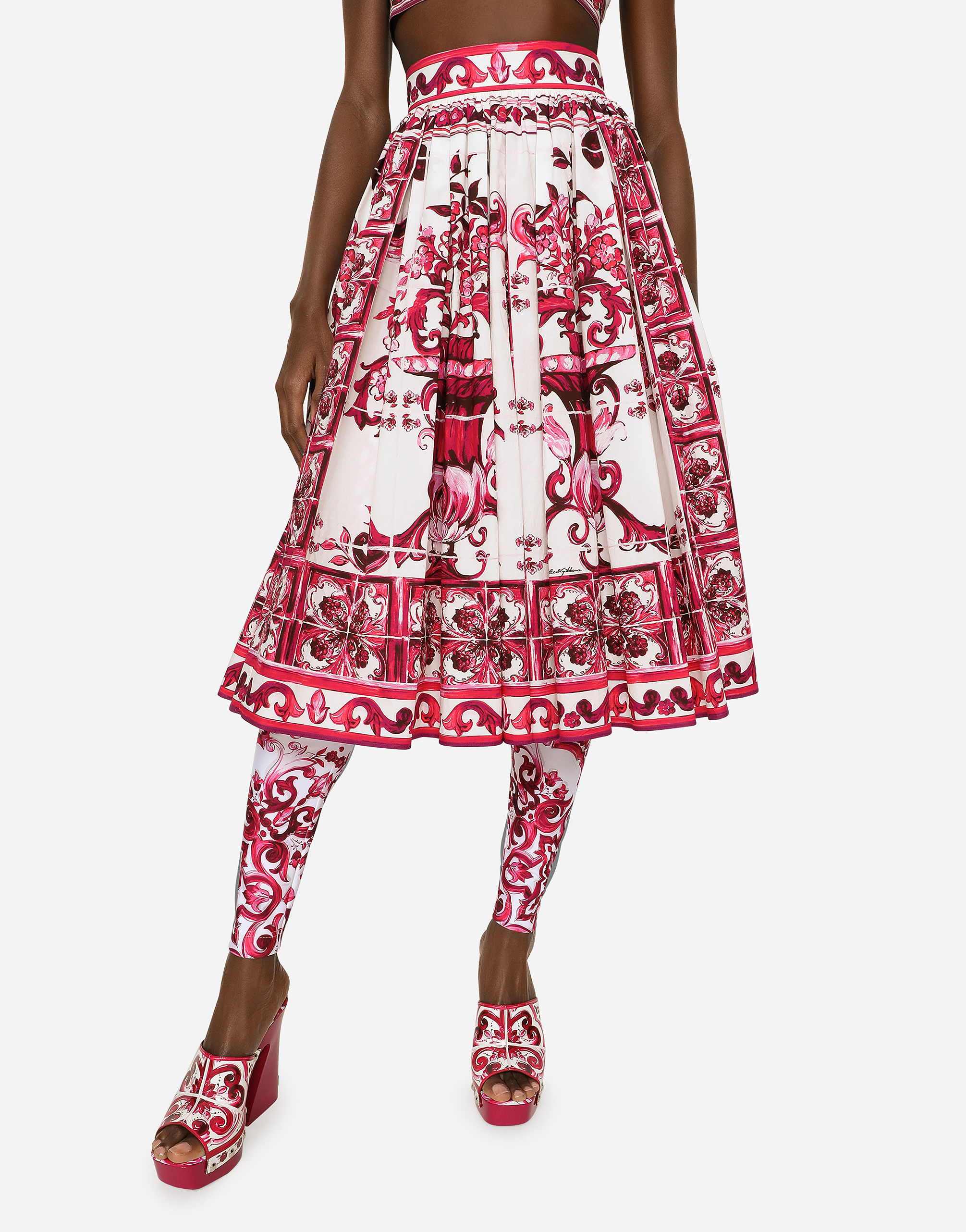 Shop Dolce & Gabbana Poplin Midi Skirt With Majolica Print In Multicolor