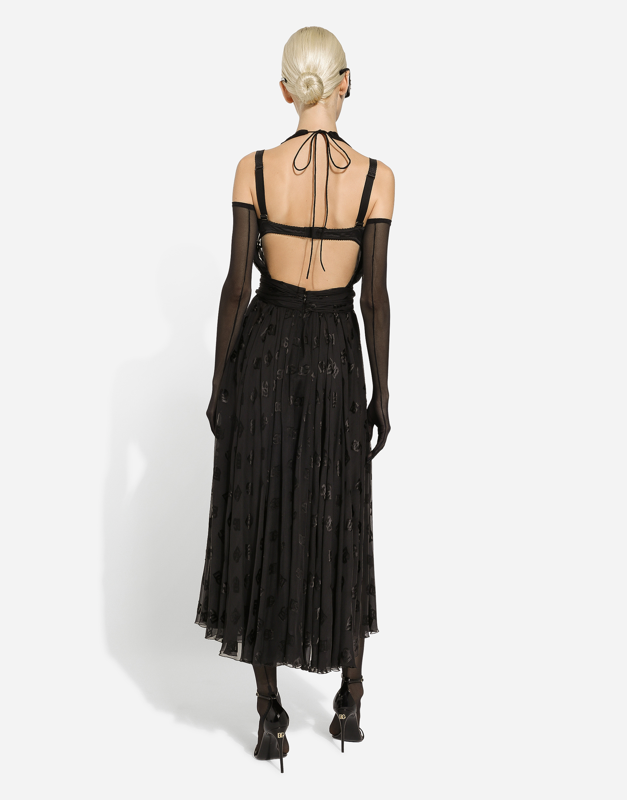 Shop Dolce & Gabbana Dévoré Satin Calf-length Dress With All-over Dg Logo In Black