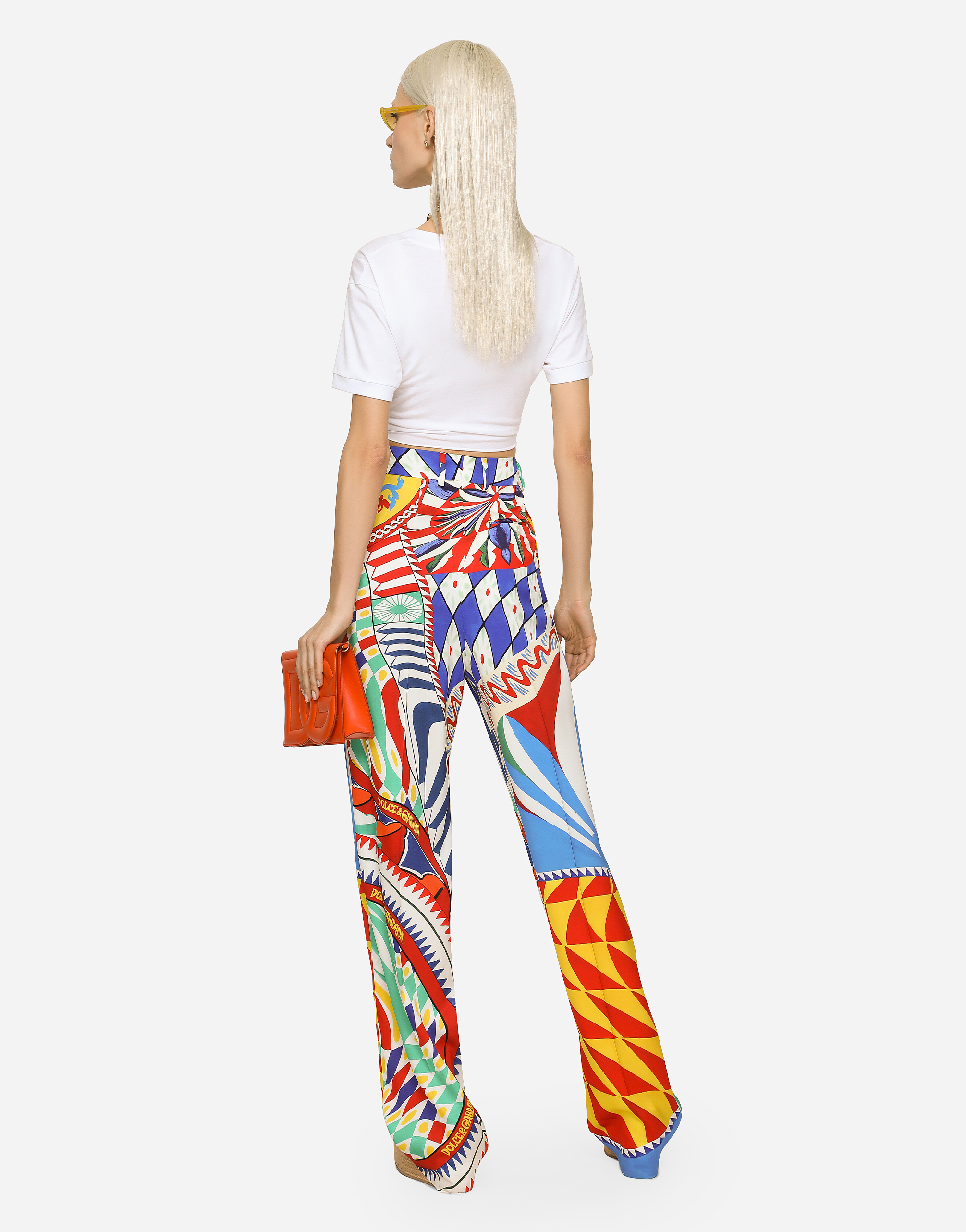 DOLCE & GABBANA FLARED CARRETTO-PRINT CHARMEUSE PANTS