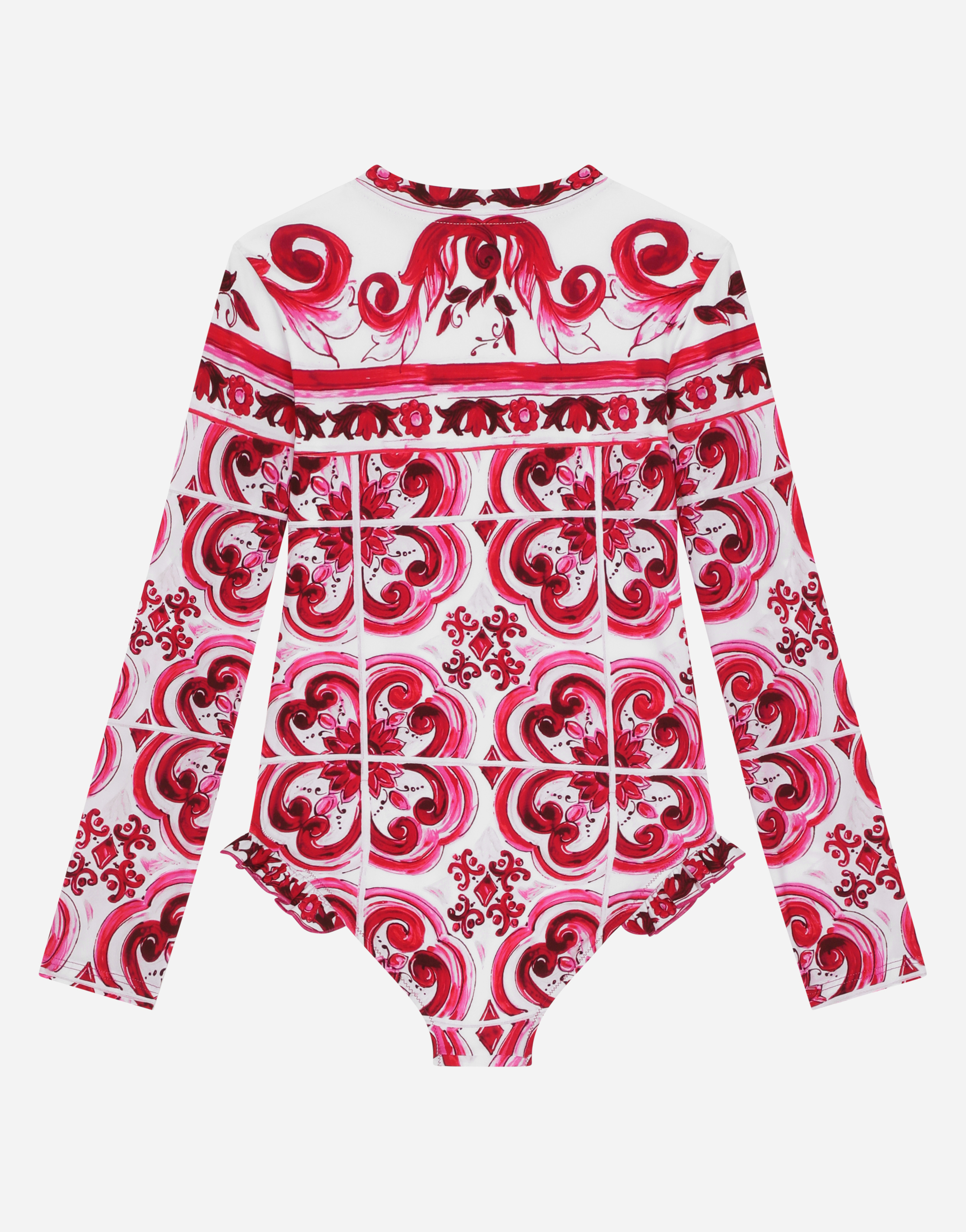 DOLCE & GABBANA LONG-SLEEVED MAJOLICA-PRINT ONE-PIECE SWIMSUIT