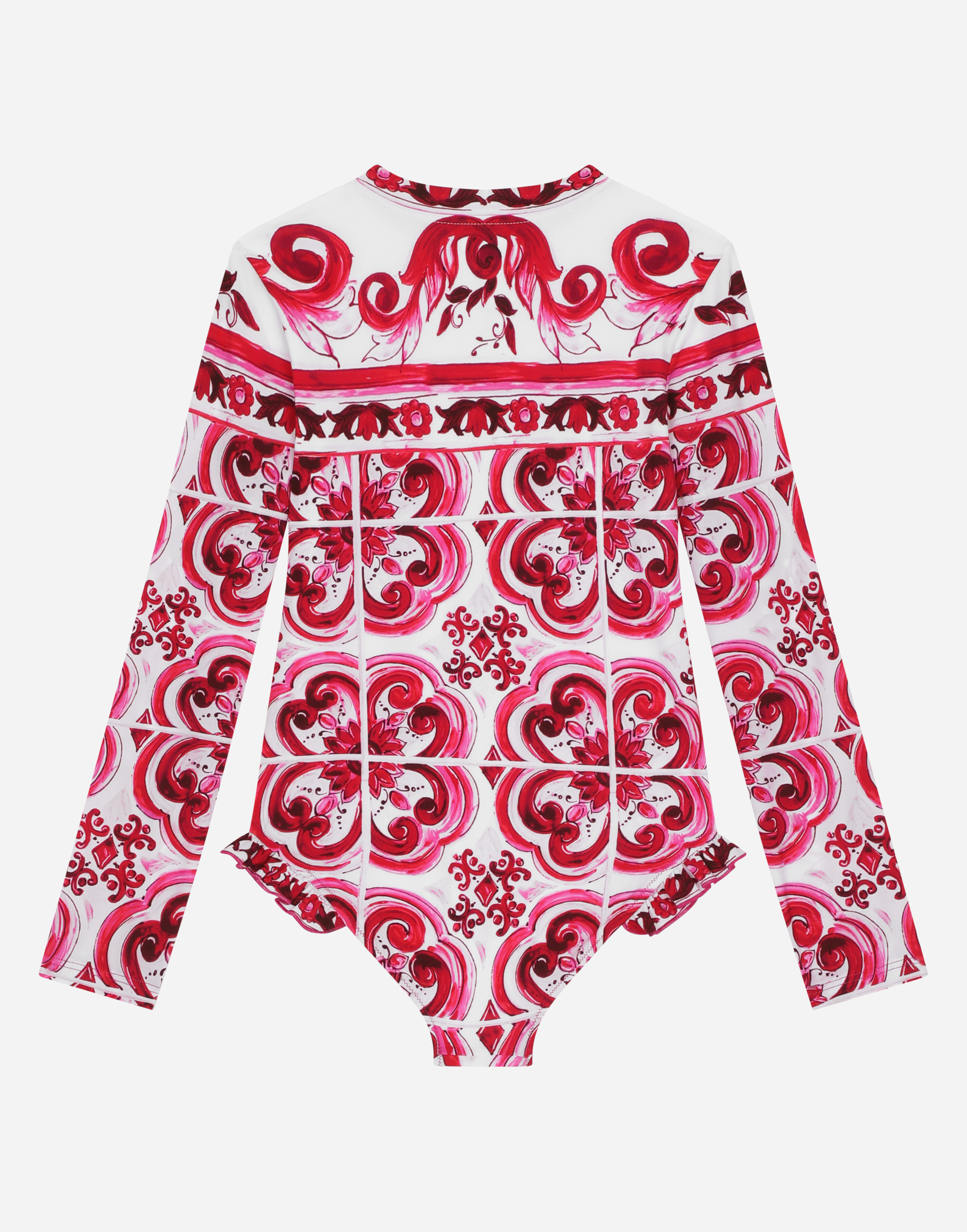 Shop Dolce & Gabbana Long-sleeved Majolica-print One-piece Swimsuit In Multicolor