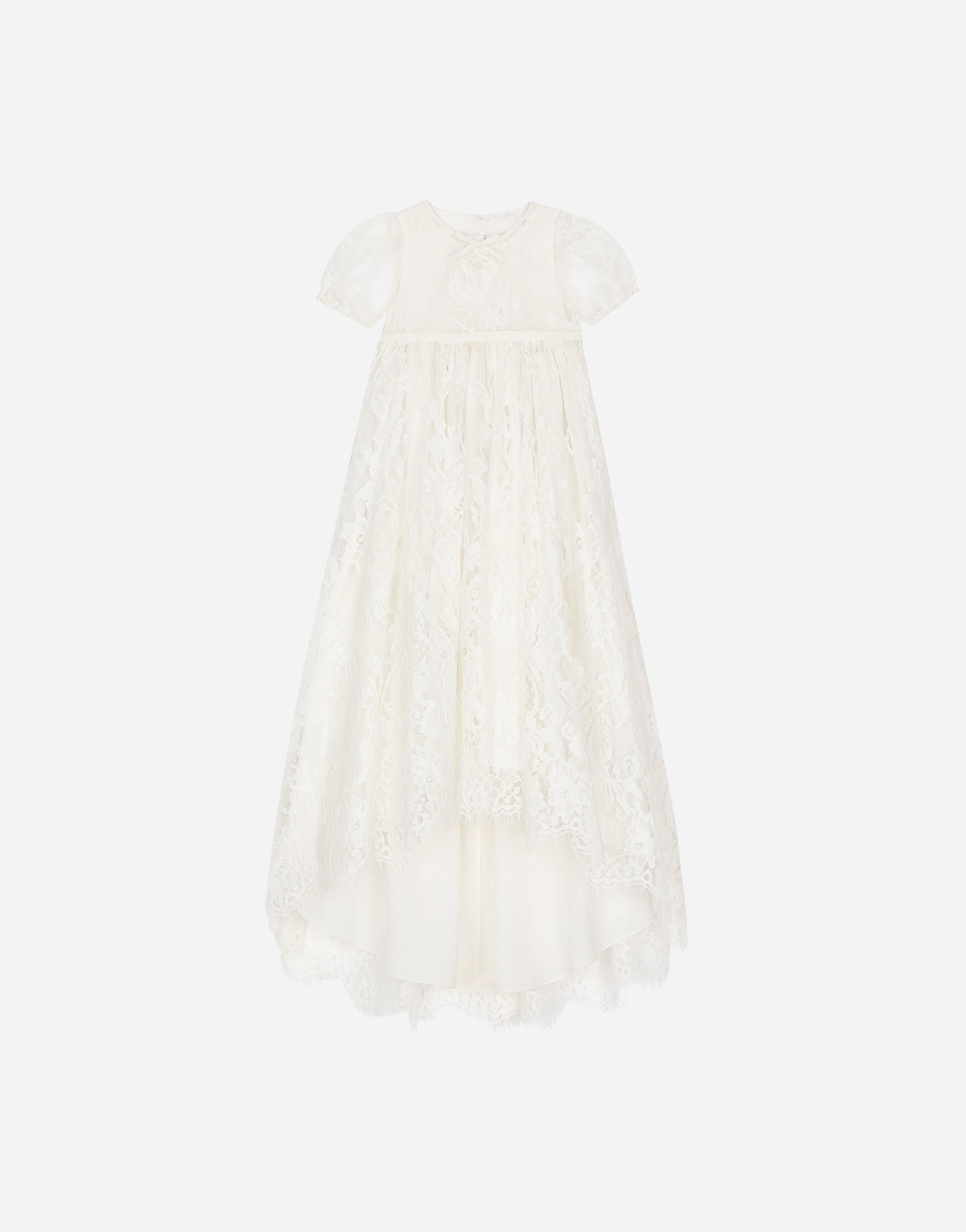 Empire-line ramage Chantilly lace christening dress with short sleeves