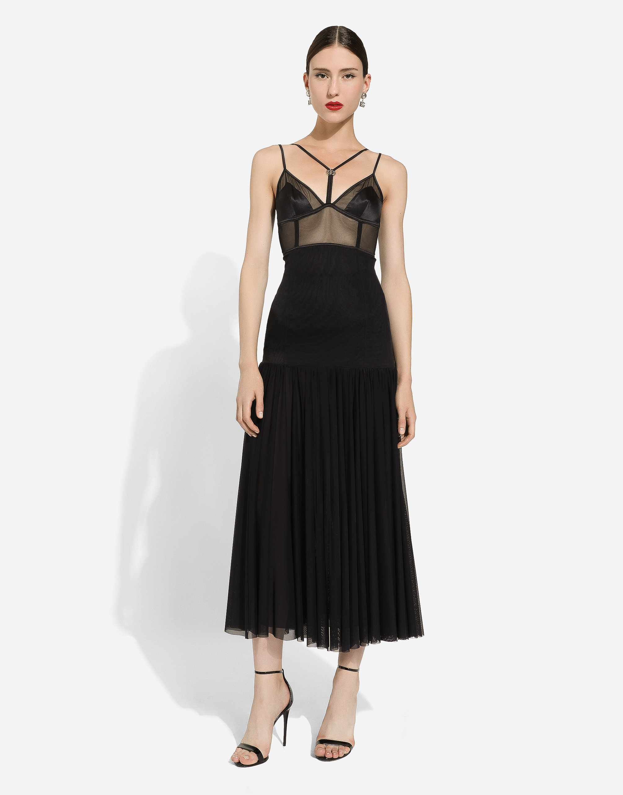 Shop Dolce & Gabbana Tulle Midi Dress With Lingerie Details And The Dg Logo In Black