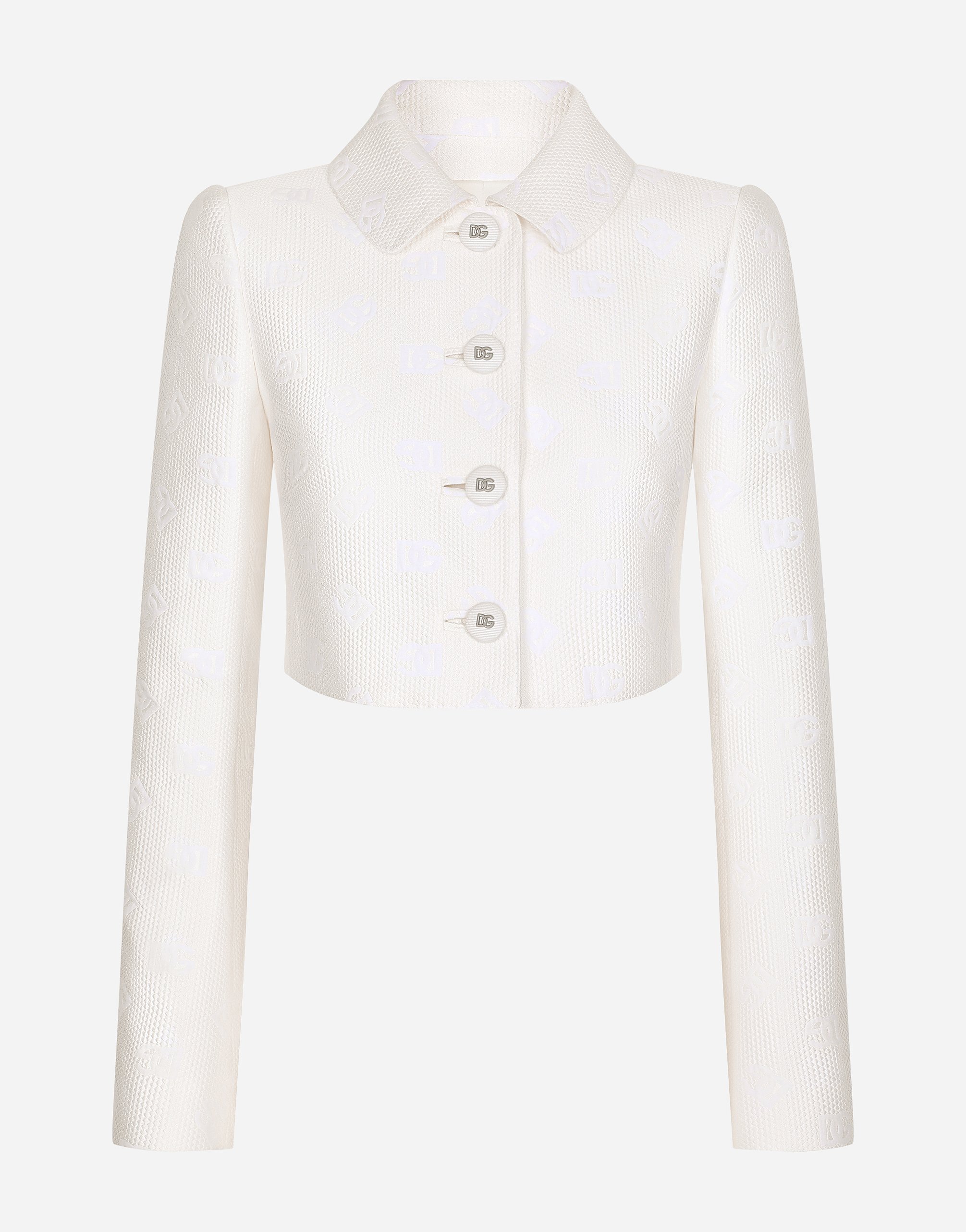 Dolce & Gabbana Short Jacquard Jacket With All-over Dg Logo In Natural White
