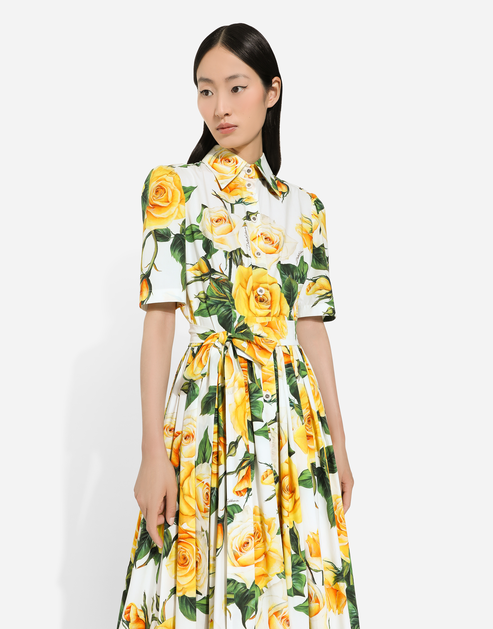 Shop Dolce & Gabbana Cotton Shirt Dress With Yellow Rose Print