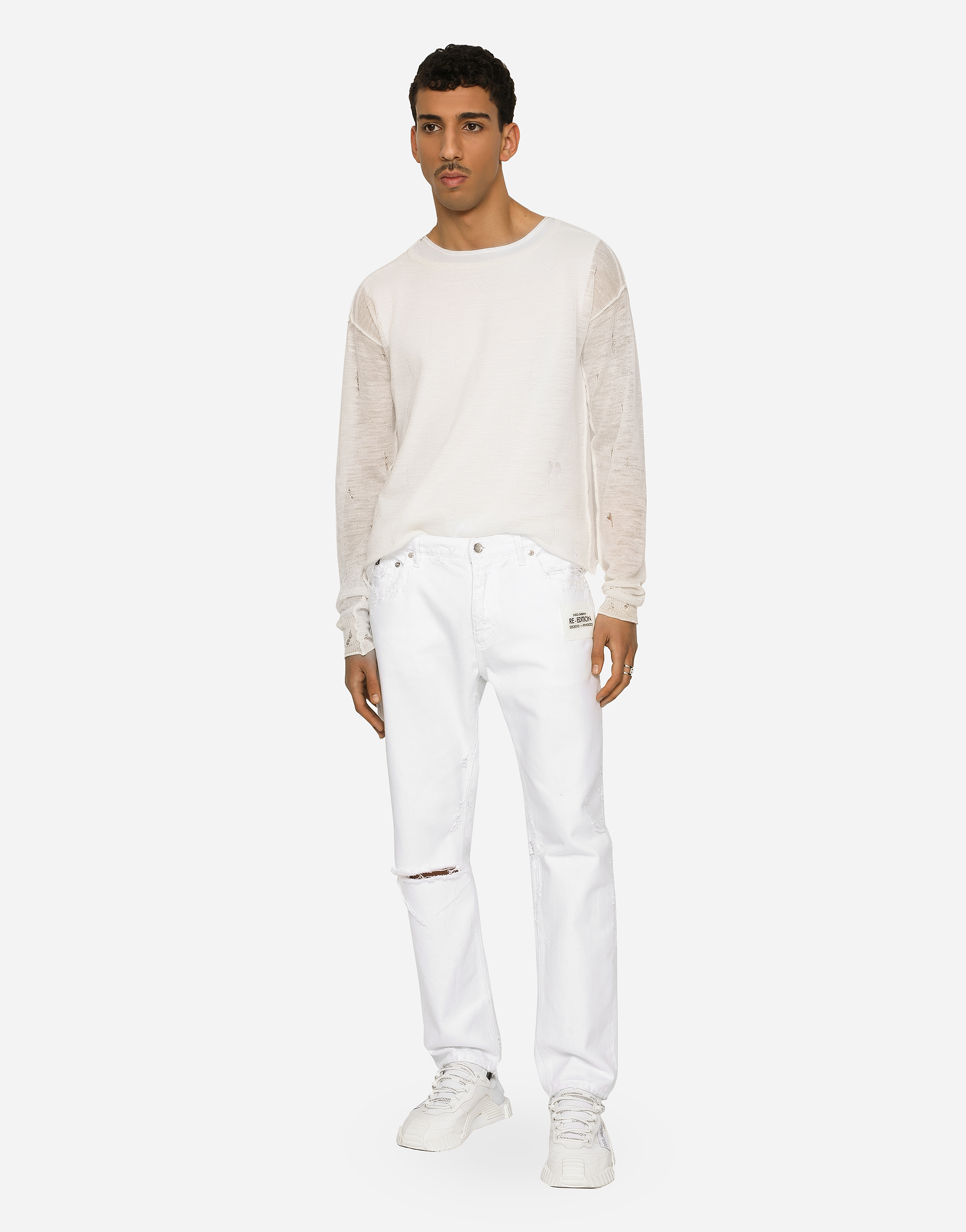 Shop Dolce & Gabbana Round-neck Technical Linen Sweater With Rips In White