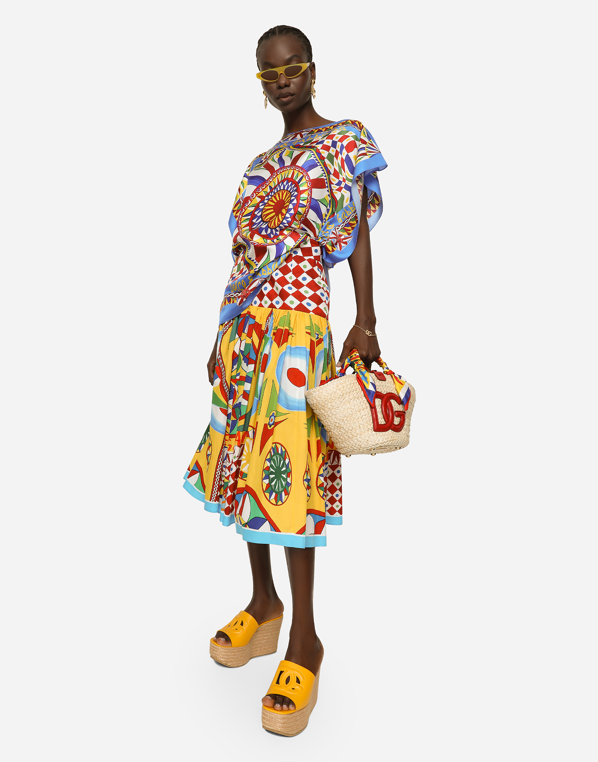 DOLCE & GABBANA POPLIN MIDI SKIRT WITH CARRETTO PRINT