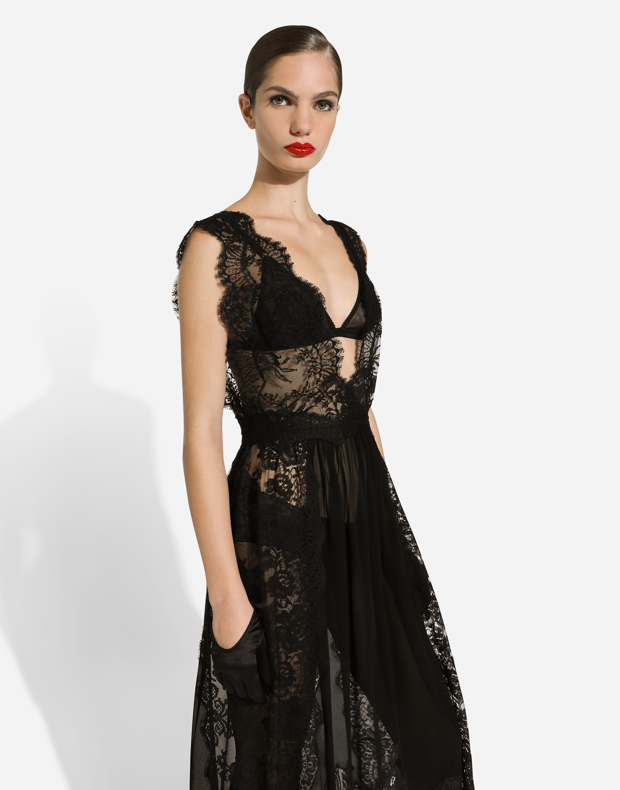 Dolce & Gabbana Calf-length Chantilly Lace Dress With Organzine Details In Black