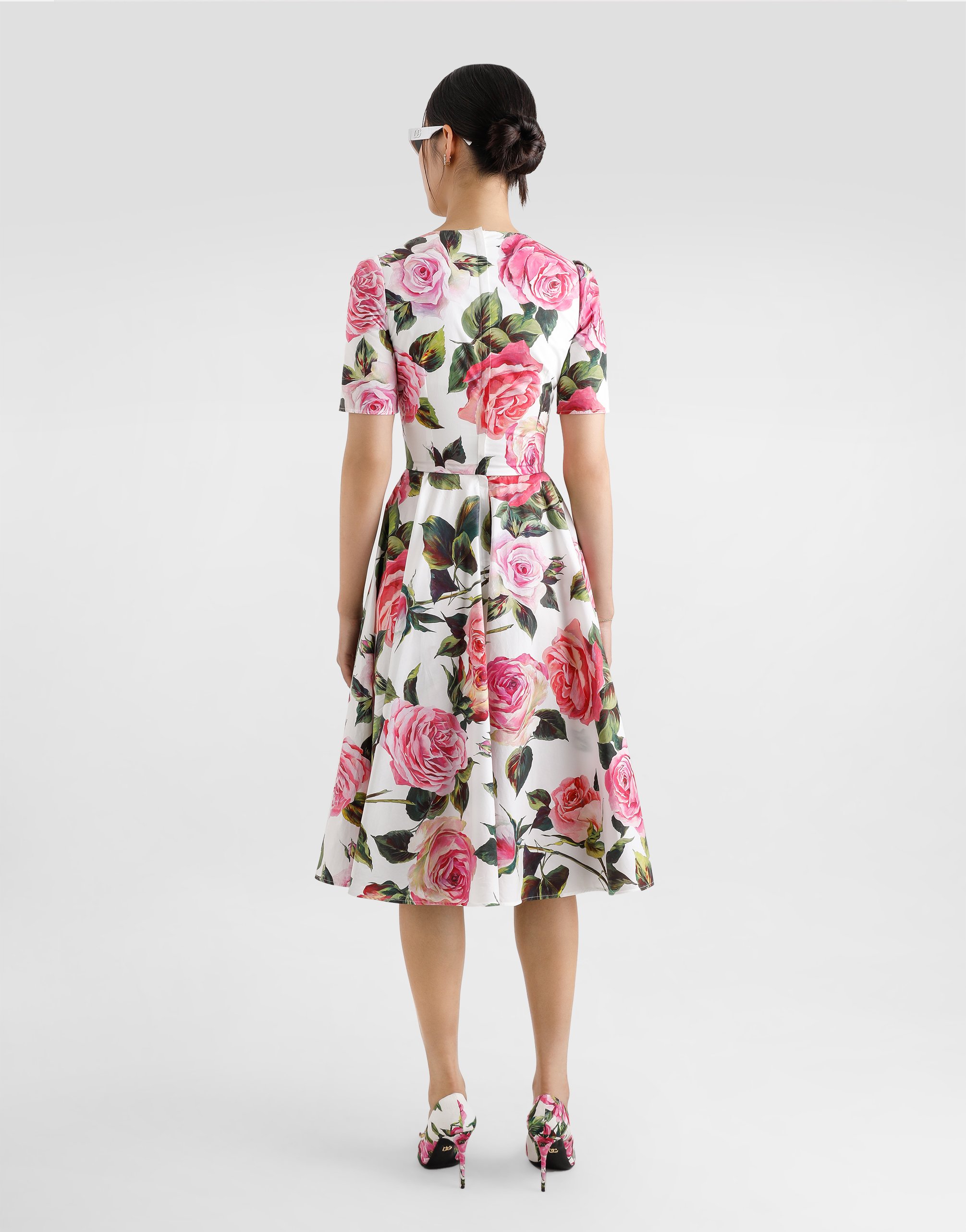 DOLCE & GABBANA COTTON CALF-LENGTH BABYDOLL DRESS WITH ROSE PRINT 
