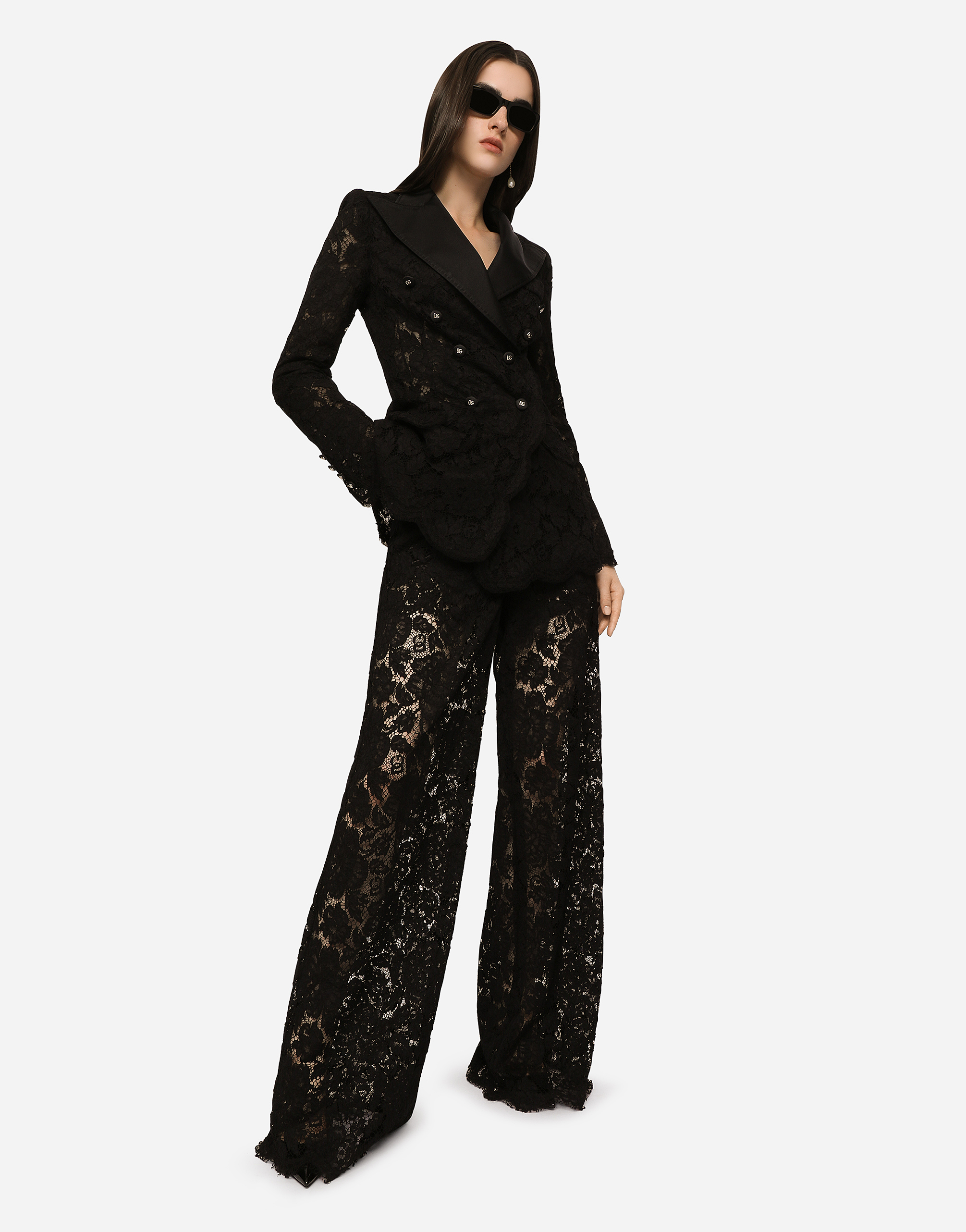 Shop Dolce & Gabbana Flared Branded Stretch Lace Pants In Black