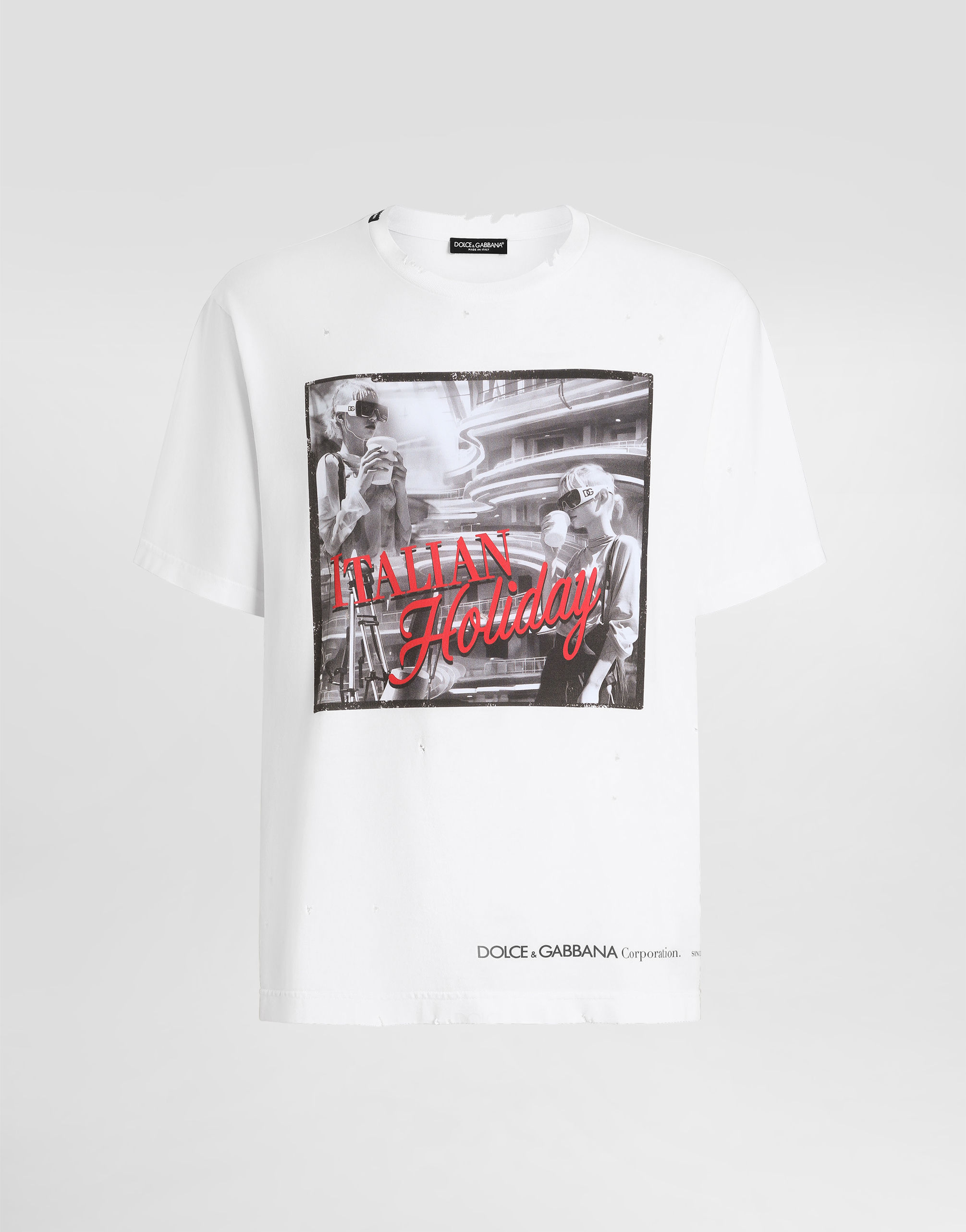 Dolce & Gabbana Men's White Cotton T-Shirt With Italian Holiday Print - Man T-Shirts And Polos Size 46