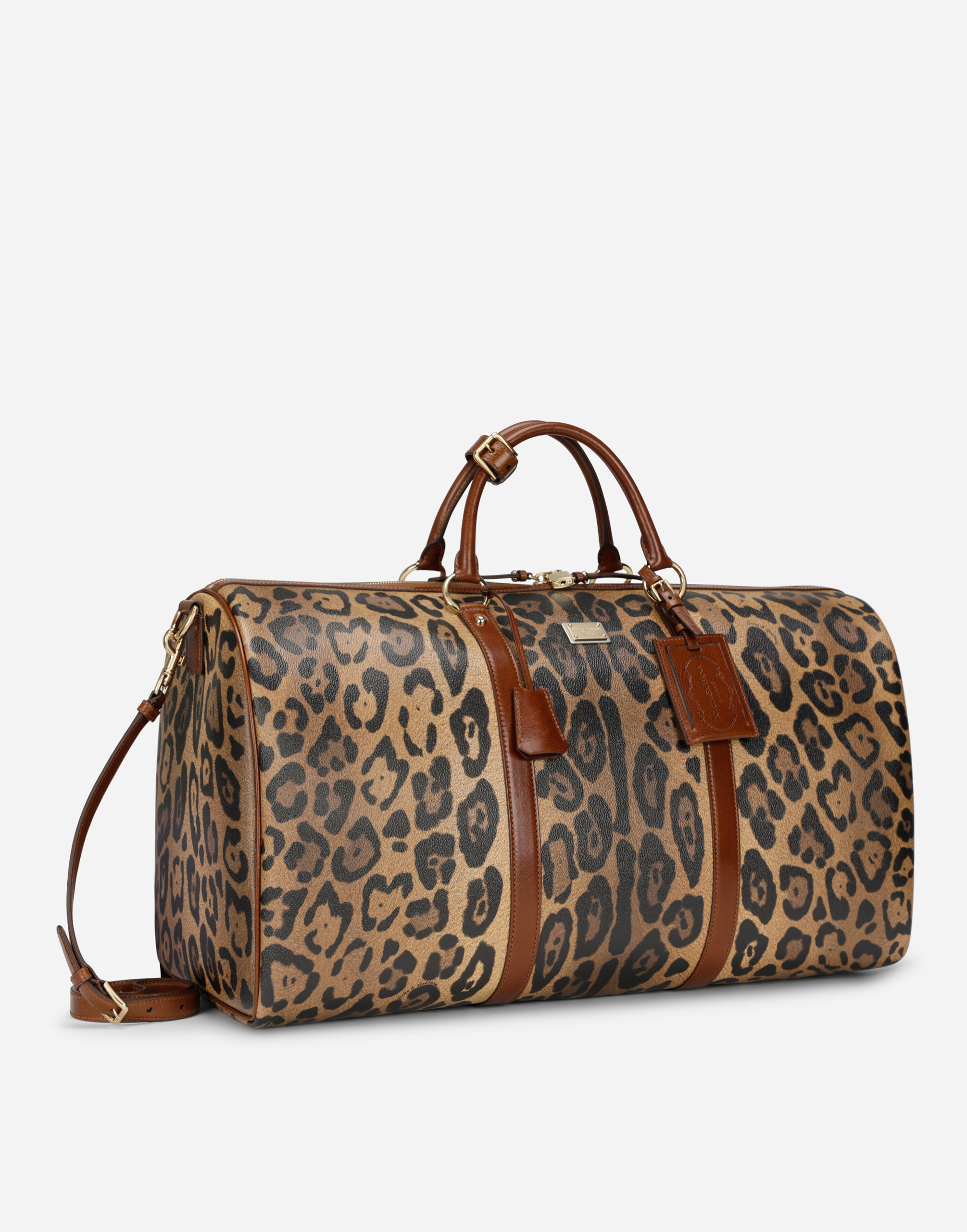 DOLCE & GABBANA MEDIUM TRAVEL BAG IN LEOPARD-PRINT CRESPO WITH BRANDED PLATE
