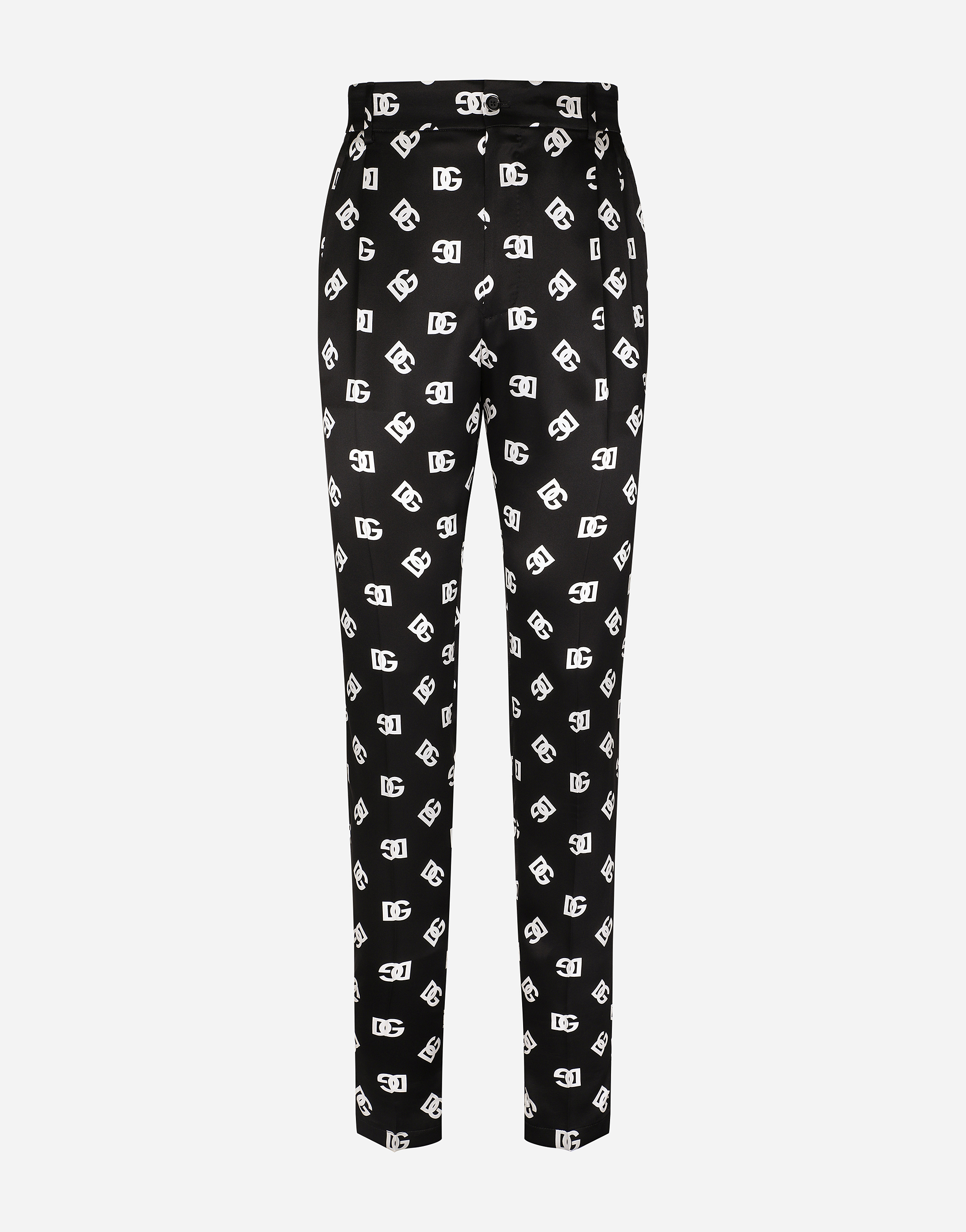 DOLCE & GABBANA SILK TWILL PANTS WITH DG MONOGRAM PRINT