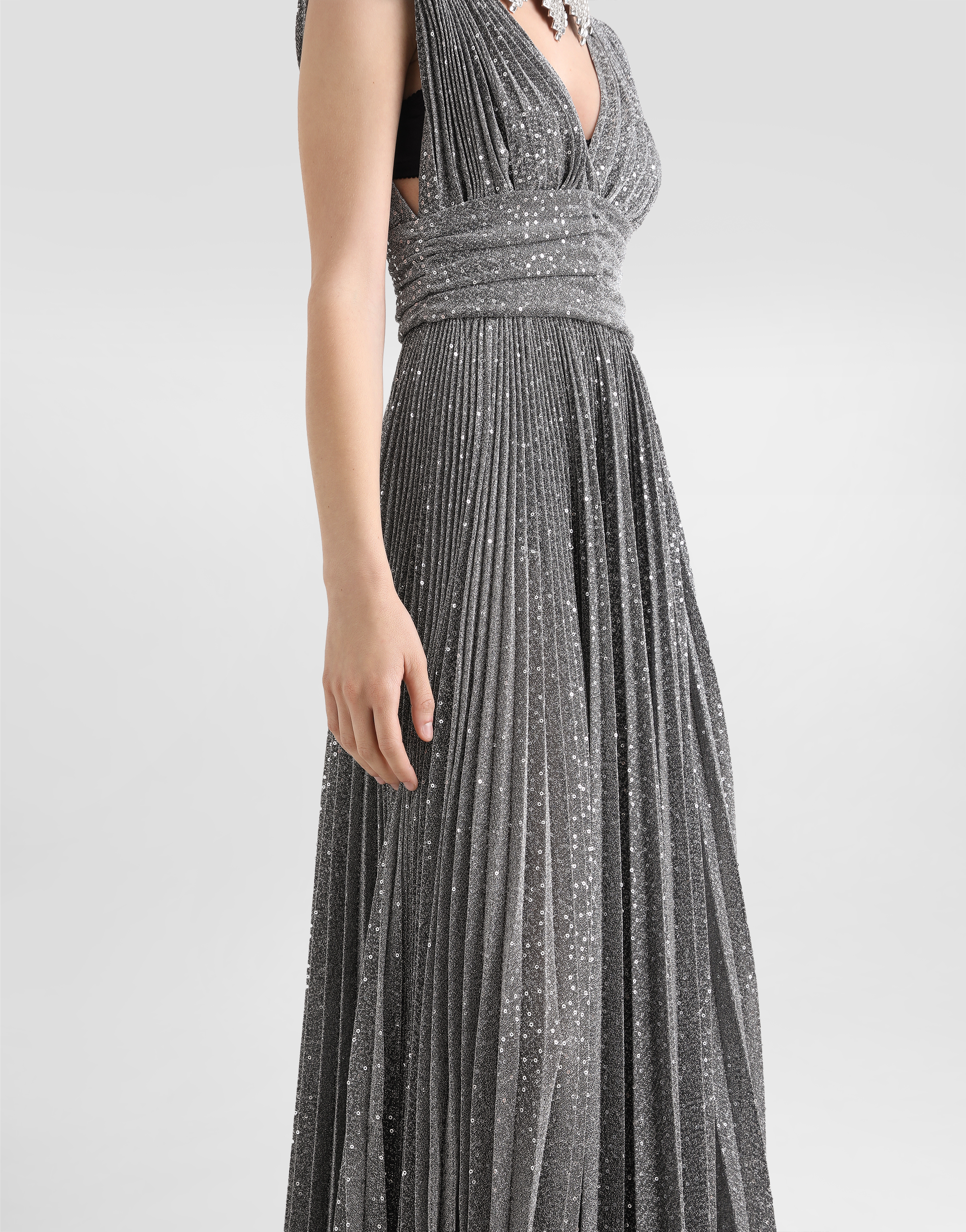 Dolce & Gabbana Long Pleated Dress With Micro-sequin Embellishment In Silver
