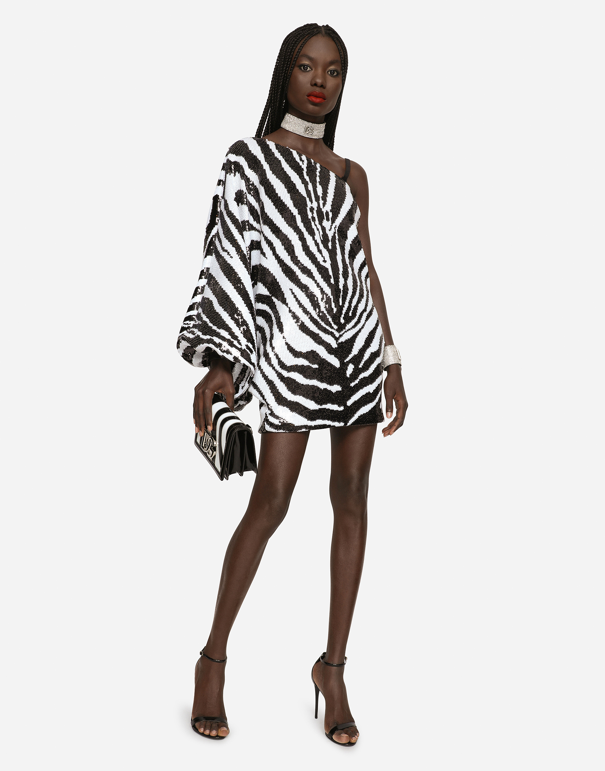 Dolce & Gabbana Short Sequined One-shoulder Dress With Zebra Print In Multicolor