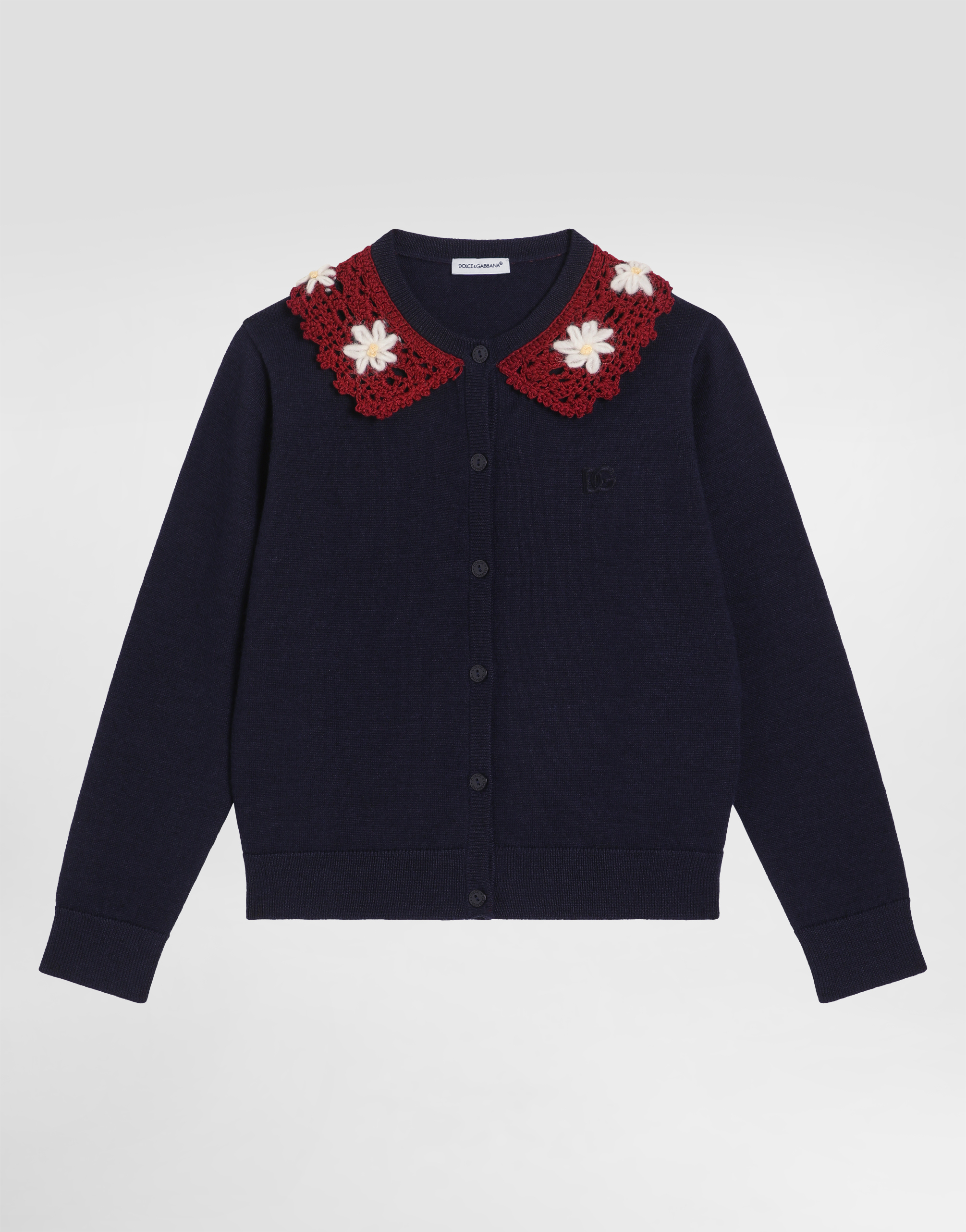 Dolce & Gabbana Wool Cardigan With Embroidered Crochet Collar In Blue