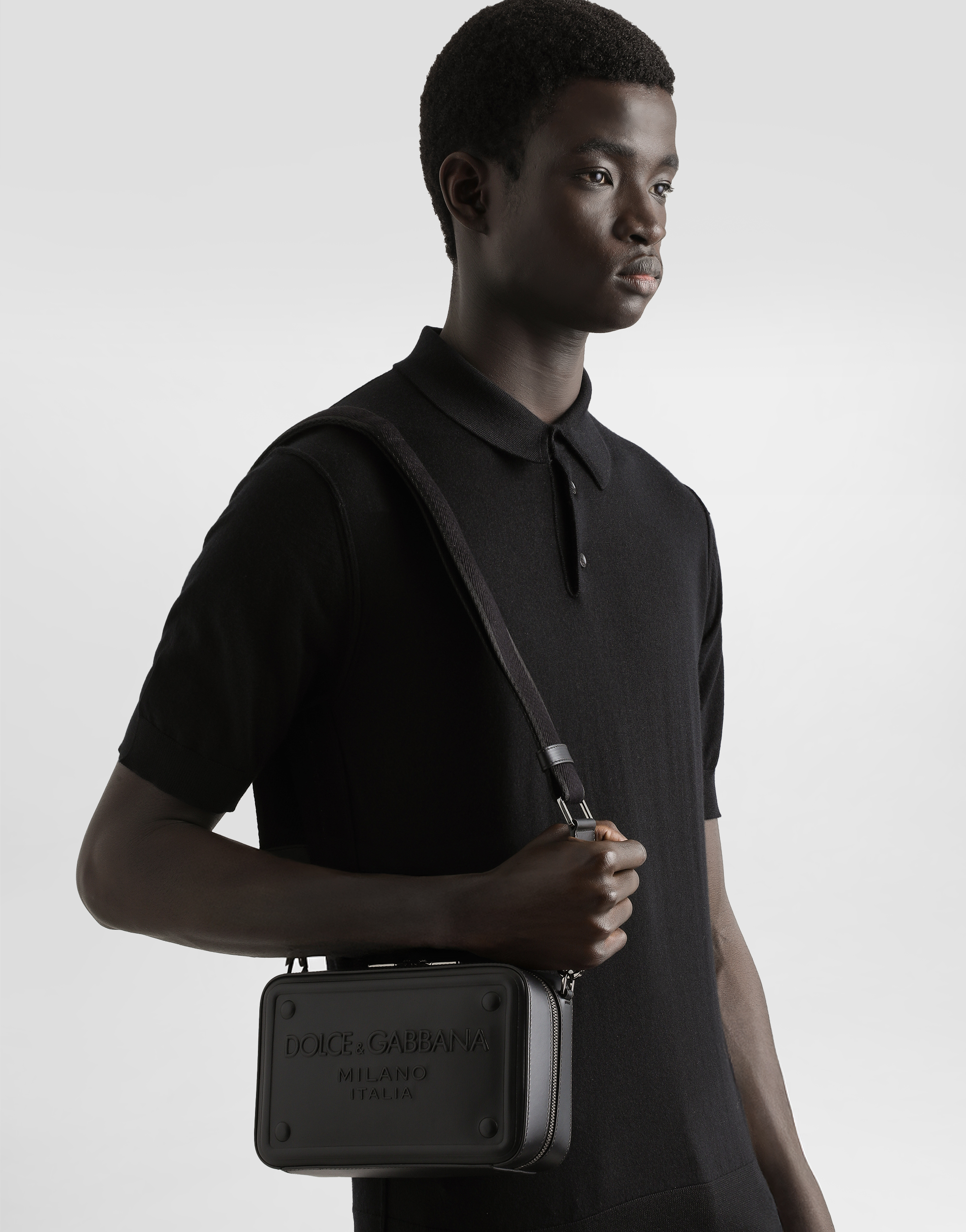 Dolce & Gabbana Calfskin Crossbody Bag With Raised Logo In Black