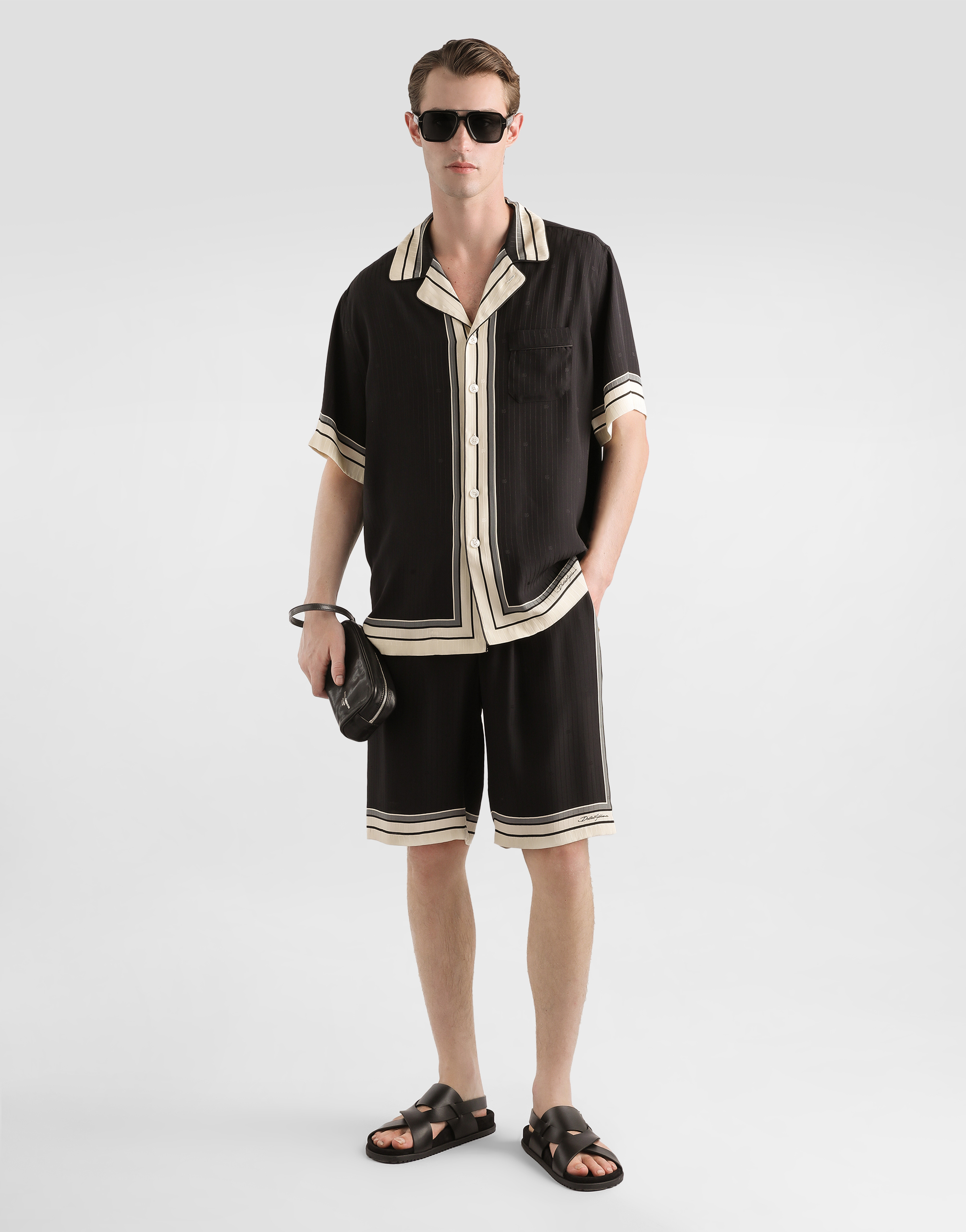 Dolce & Gabbana Men Hawaii Shirt With Logo And Striped Print In Black