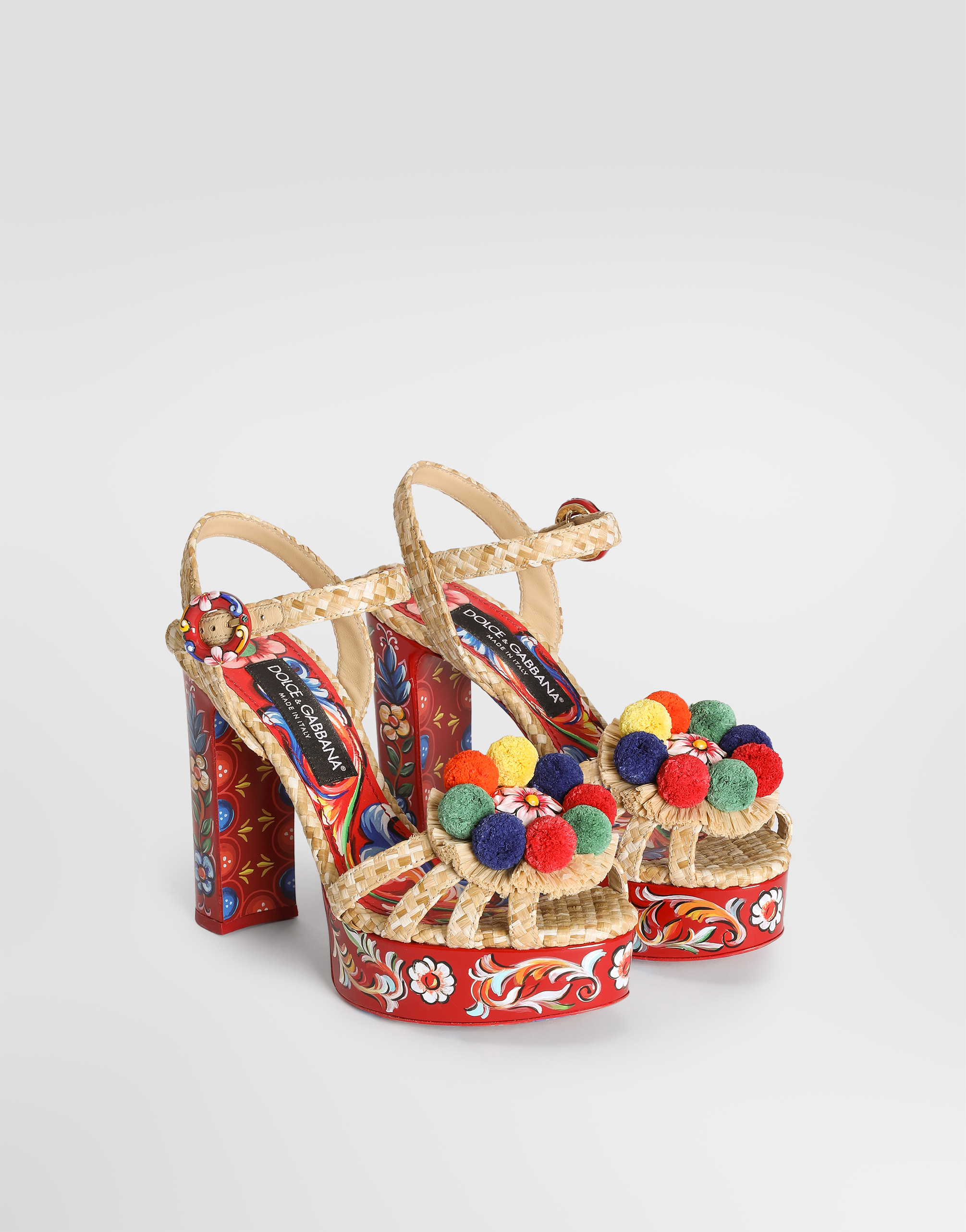 Dolce & Gabbana Keira Platform Heel Sandals Pompons Flowers In Multi