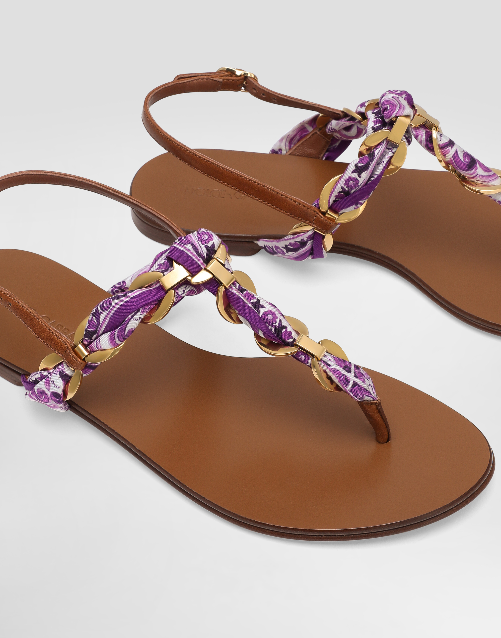 Dolce & Gabbana Majolica Leather-trimmed Satin Thong Sandals In Purple