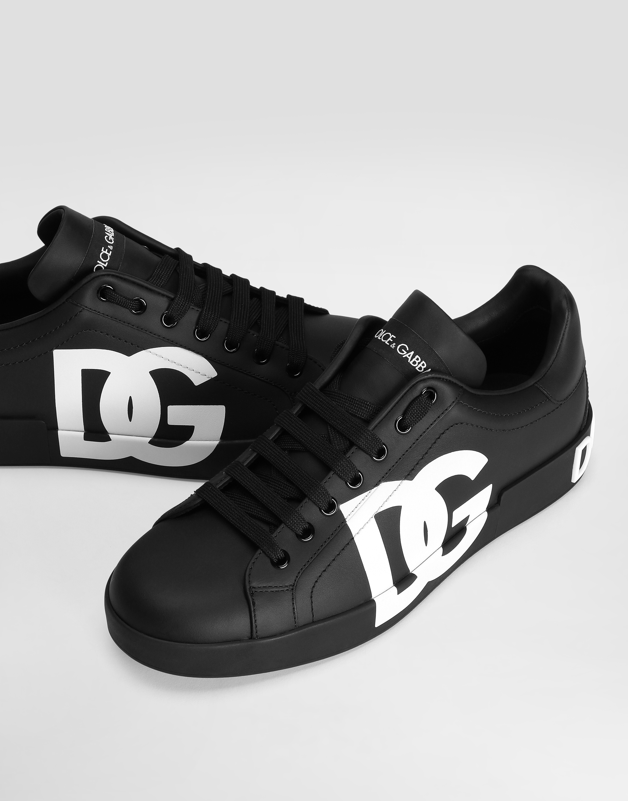 Shop Dolce & Gabbana Calfskin Nappa Portofino Sneakers With Dg Logo Print In Black