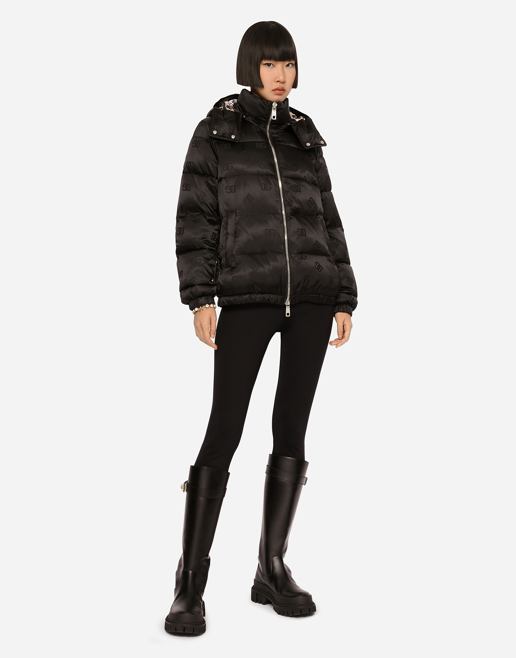 Dolce & Gabbana Satin Jacquard Down Jacket With All-over Dg Logo In Black