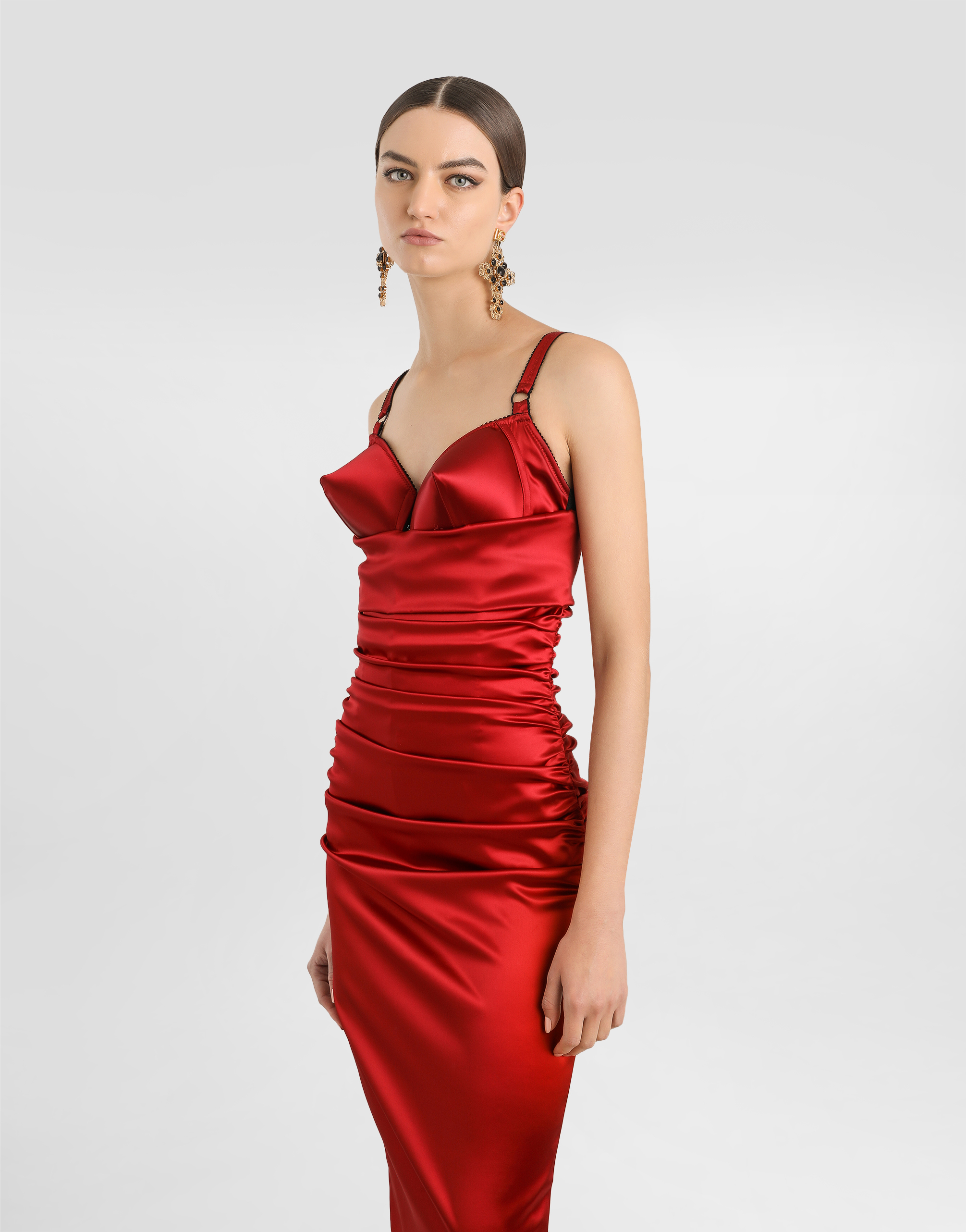 Shop Dolce & Gabbana Draped Satin Calf-length Dress With Conical Cups In Bordeaux