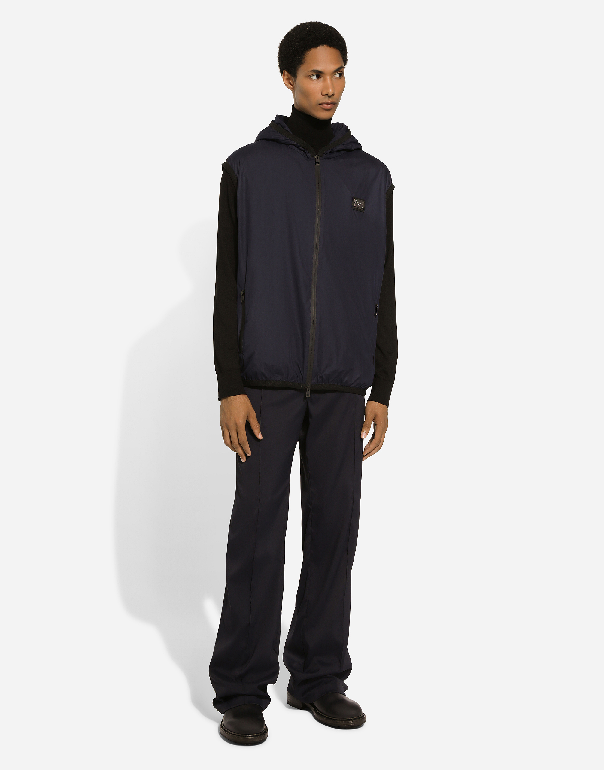 Dolce & Gabbana Sleeveless Jacket Hooded Design Grosgrain Profiles In Blue