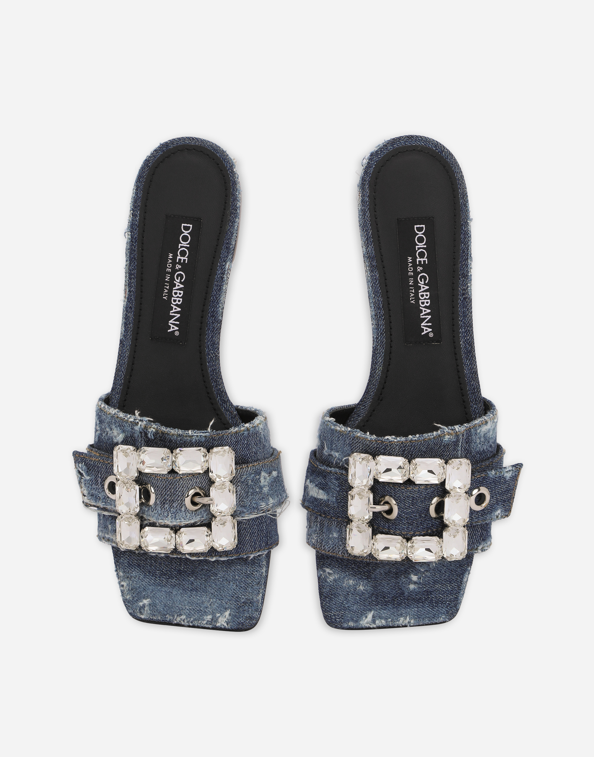 Shop Dolce & Gabbana Patchwork Denim Slides With Rhinestone Buckle In Blue