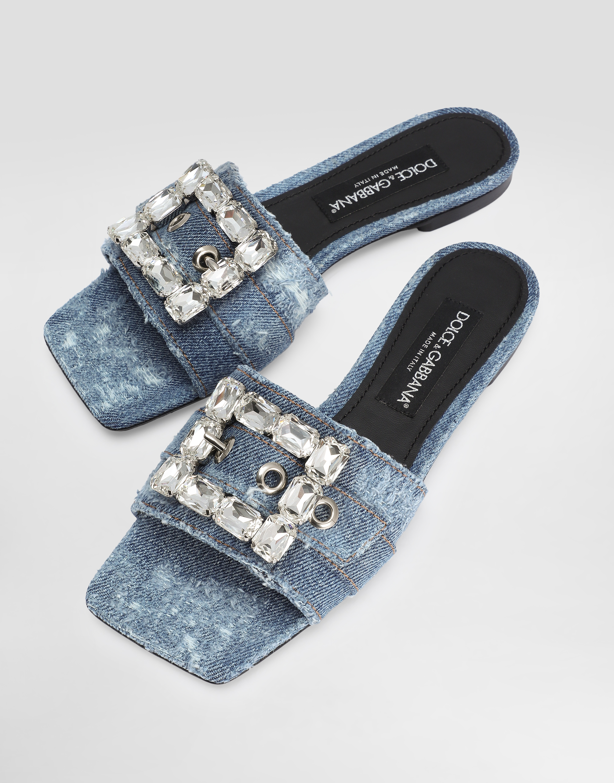 Shop Dolce & Gabbana Patchwork Denim Slides With Rhinestone Buckle In Blue