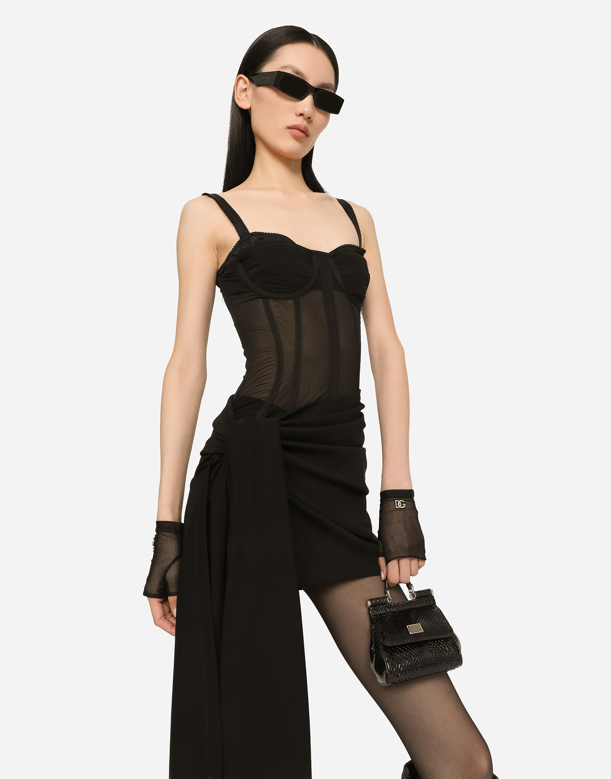 Dolce & Gabbana Short Milano Rib Jersey Dress With Corset Detailing In Black