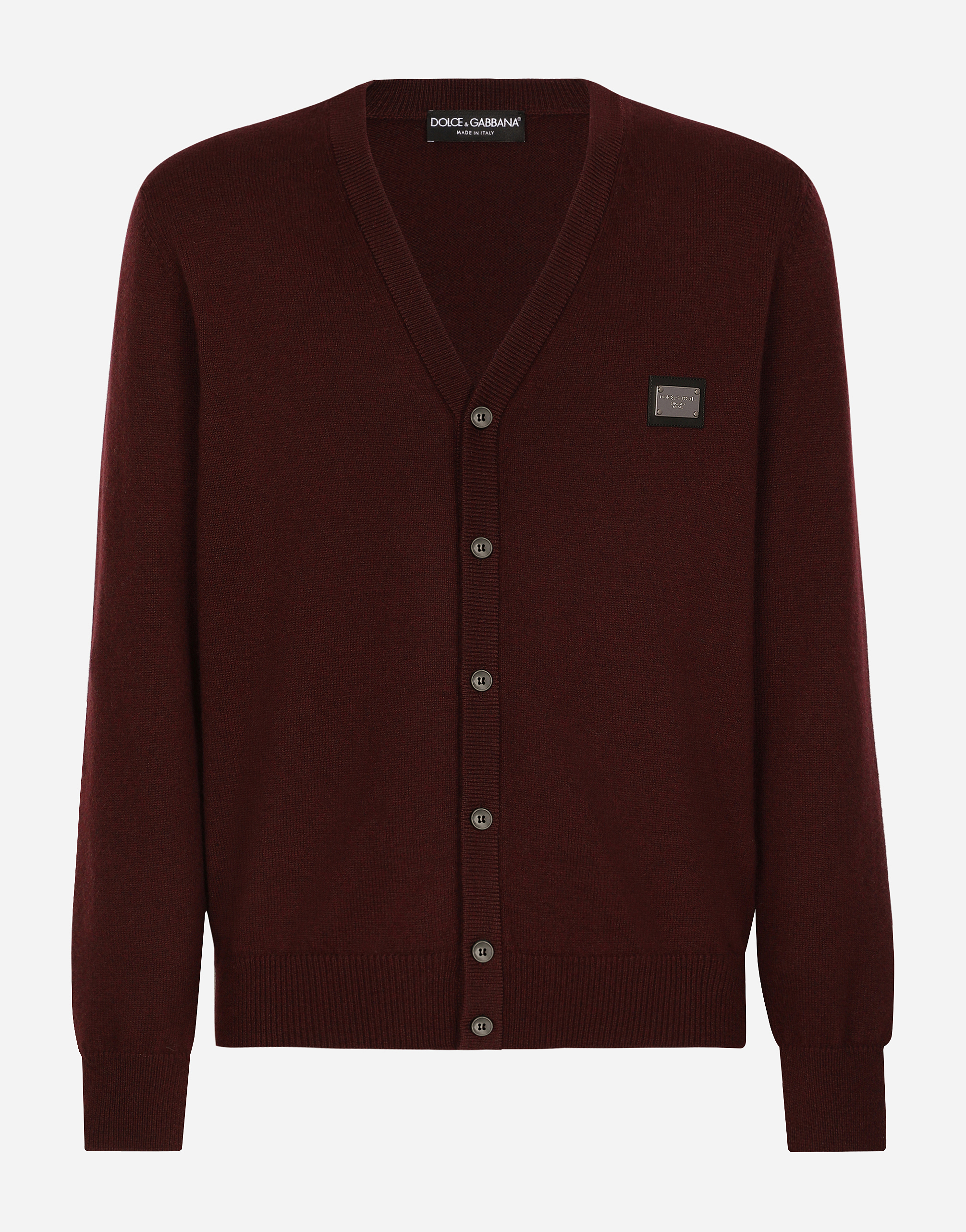 Dolce & Gabbana Cardigan In Lana E Cashmere Con Placca Logata In Bordeaux