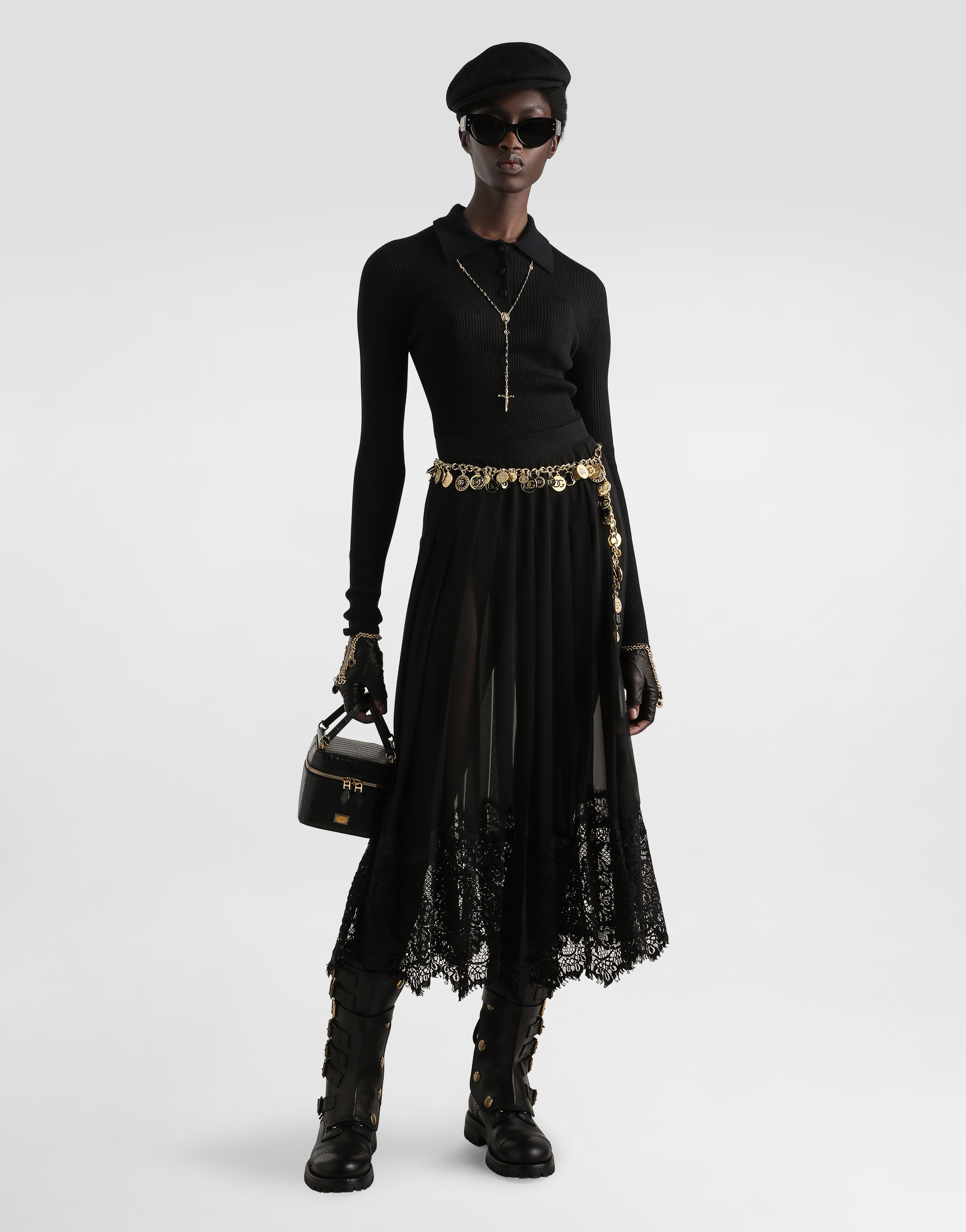 Dolce & Gabbana Gonna Midi In Chiffon And Black Lace In Black