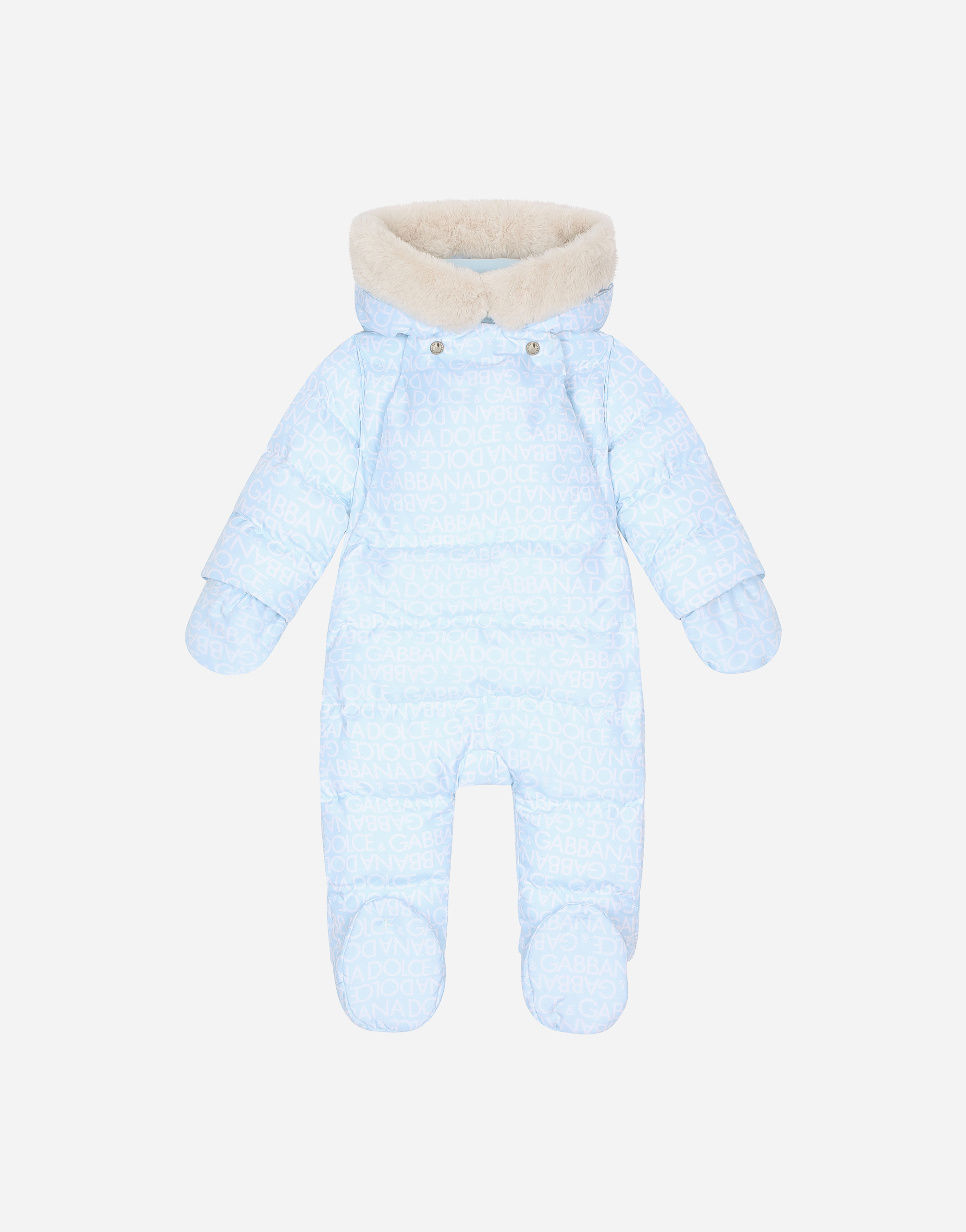Padded quilted nylon snowsuit with all-over logo print