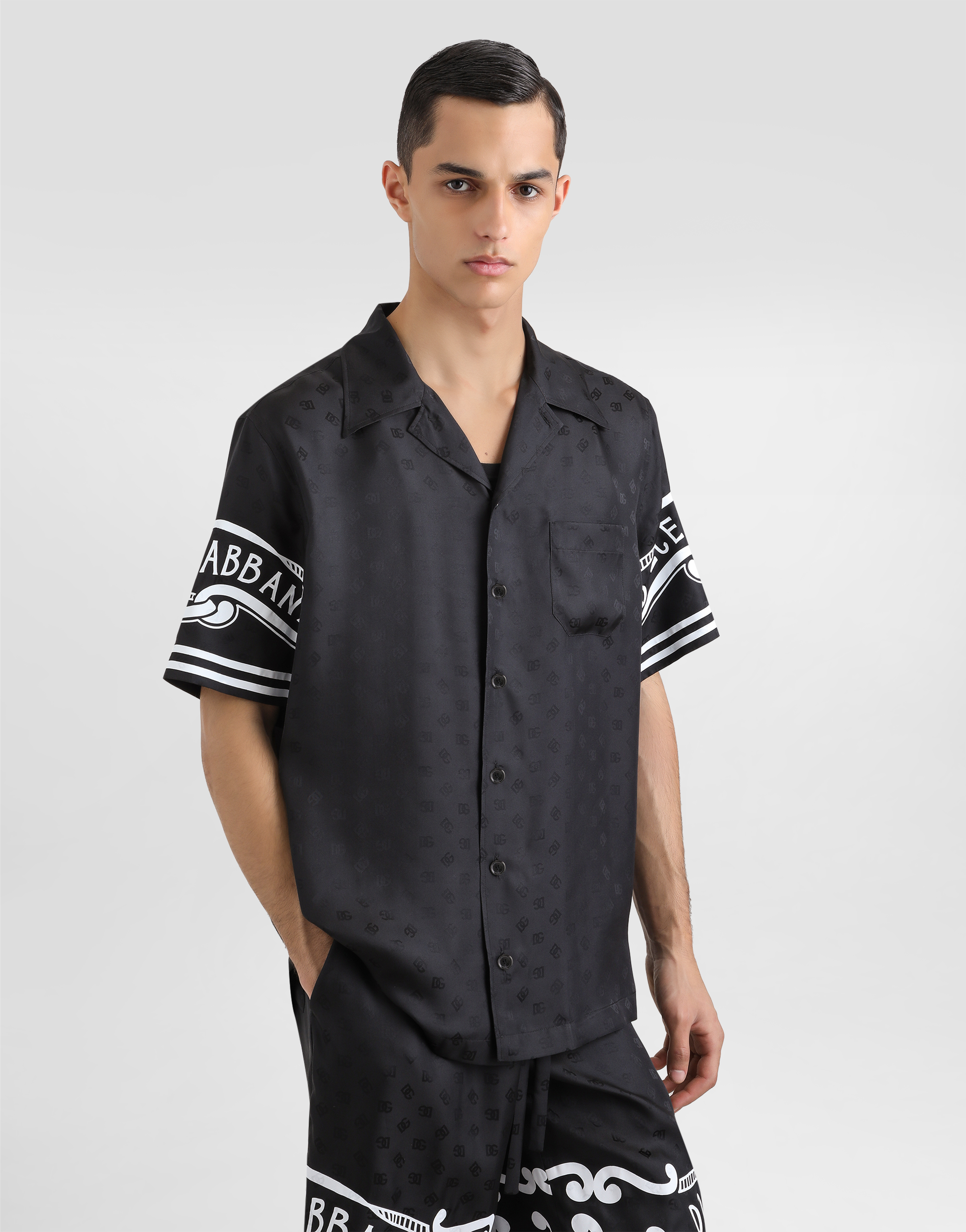 Dolce & Gabbana Black Shirt With Logo Print On The Sleeves In Silk Man In Black
