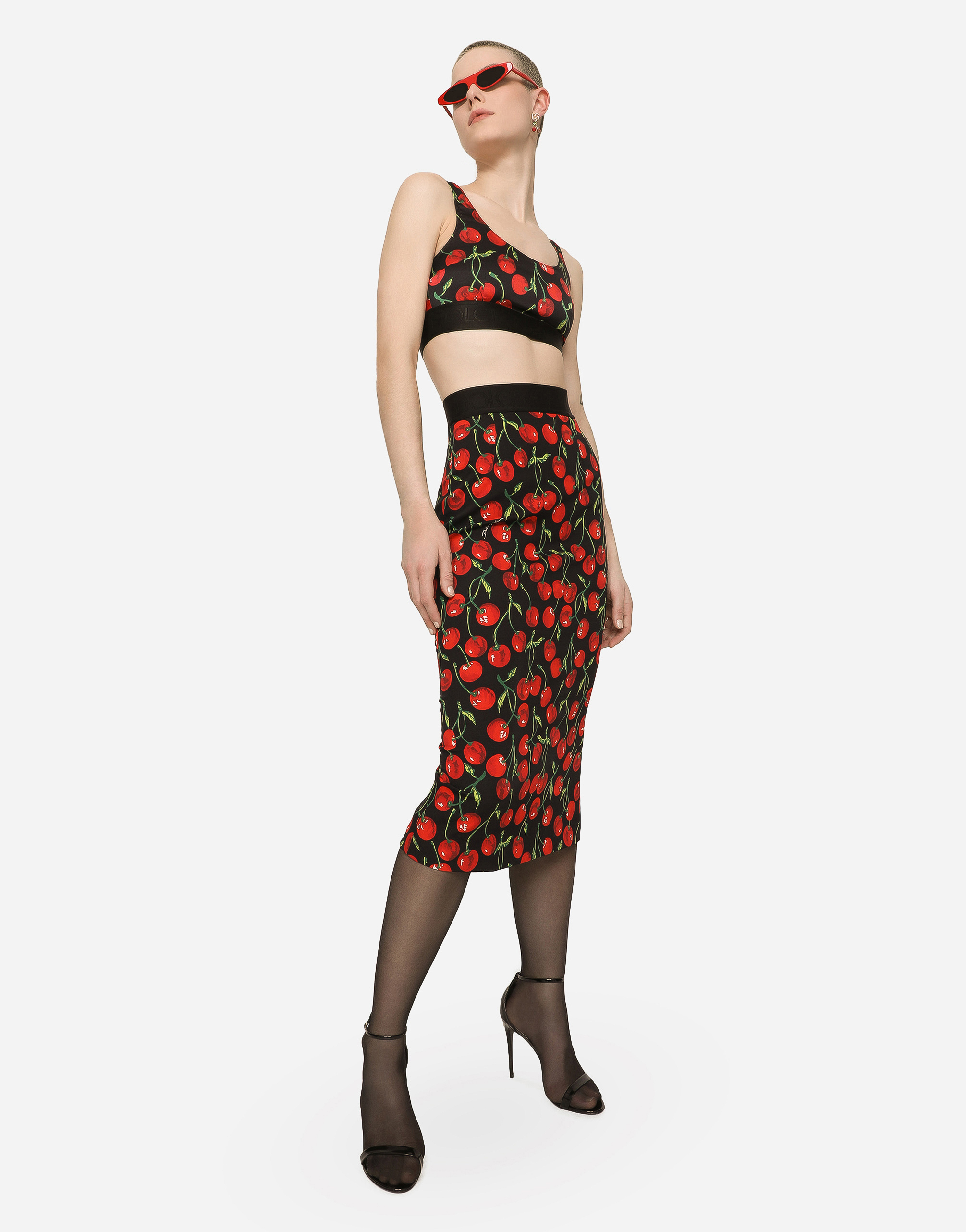 DOLCE & GABBANA HIGH-WAISTED CHARMEUSE CALF-LENGTH SKIRT WITH CHERRY PRINT