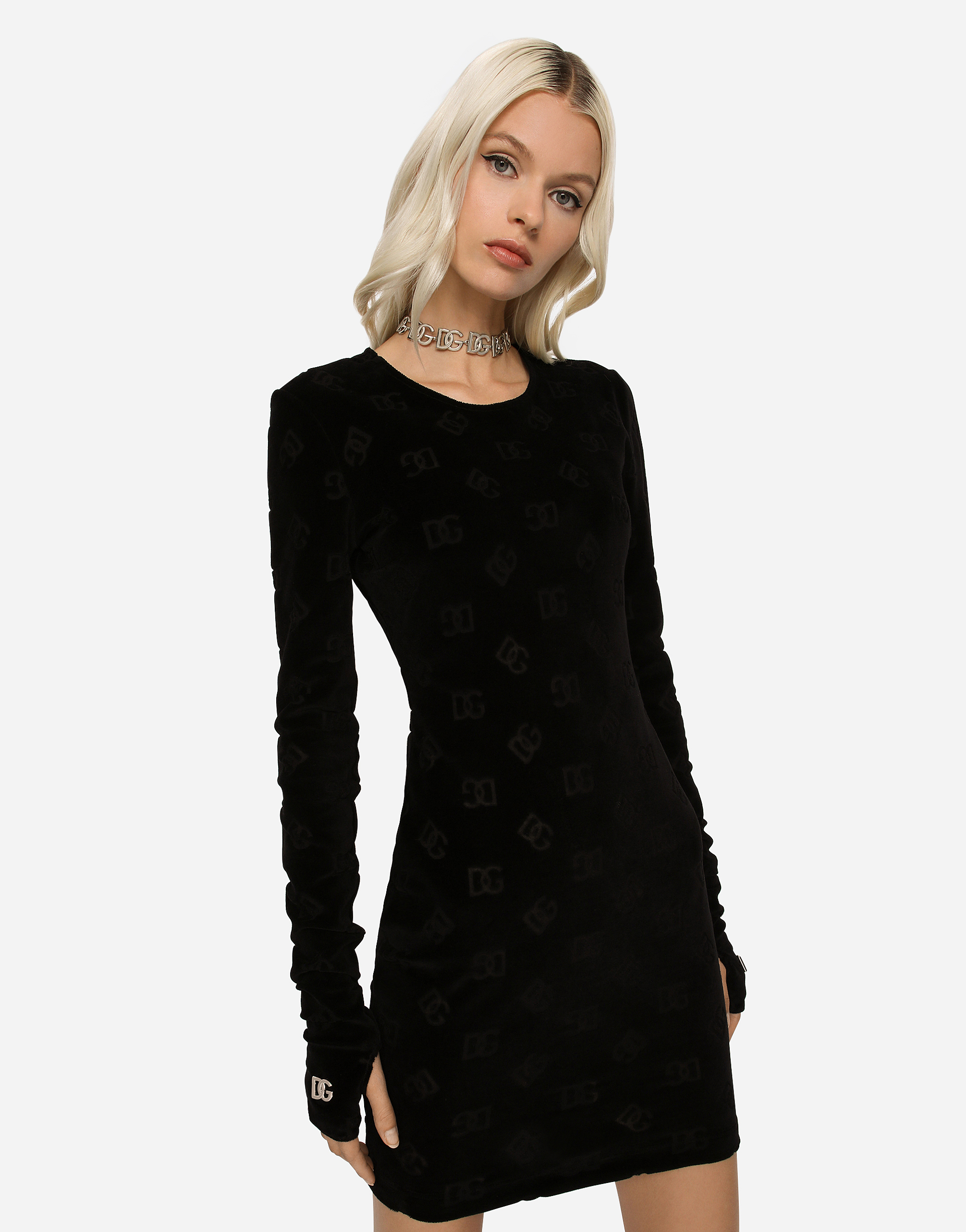 Dolce & Gabbana Short Flocked Jersey Dress With All-over Dg Logo In Black
