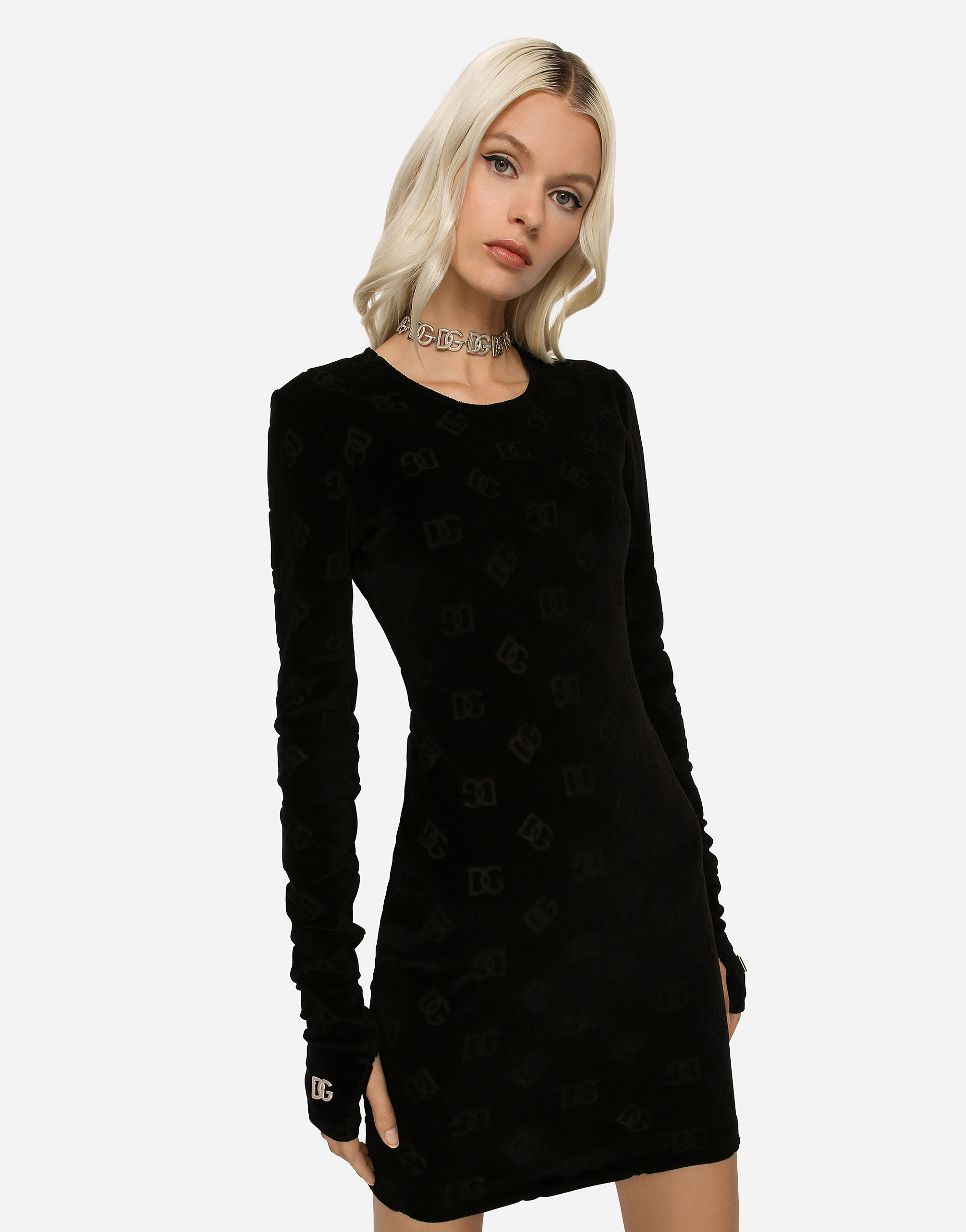 Shop Dolce & Gabbana Short Flocked Jersey Dress With All-over Dg Logo In Black