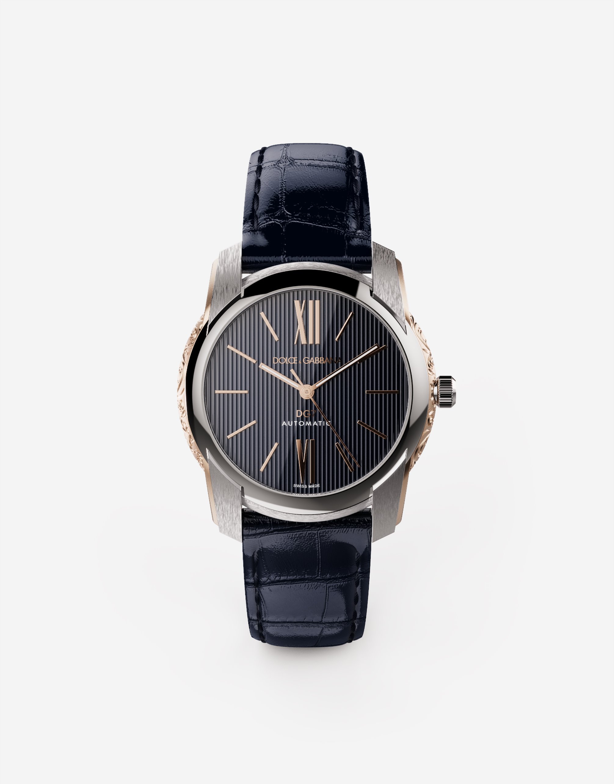 Dolce & Gabbana Dg7 Watch In Steel With Engraved Side Decoration In Gold In Blue