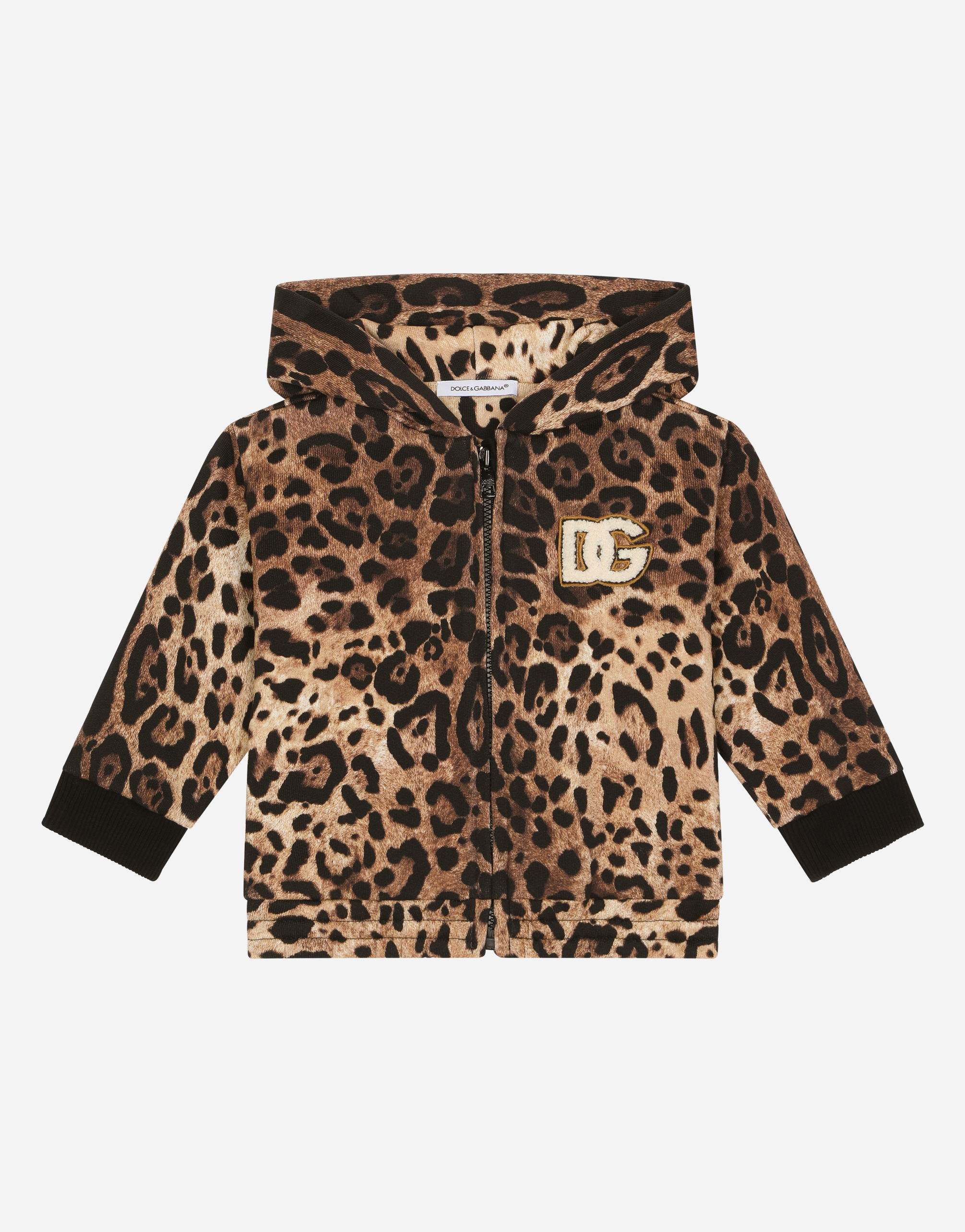 DOLCE & GABBANA ZIP-UP JERSEY HOODIE WITH LEOPARD PRINT