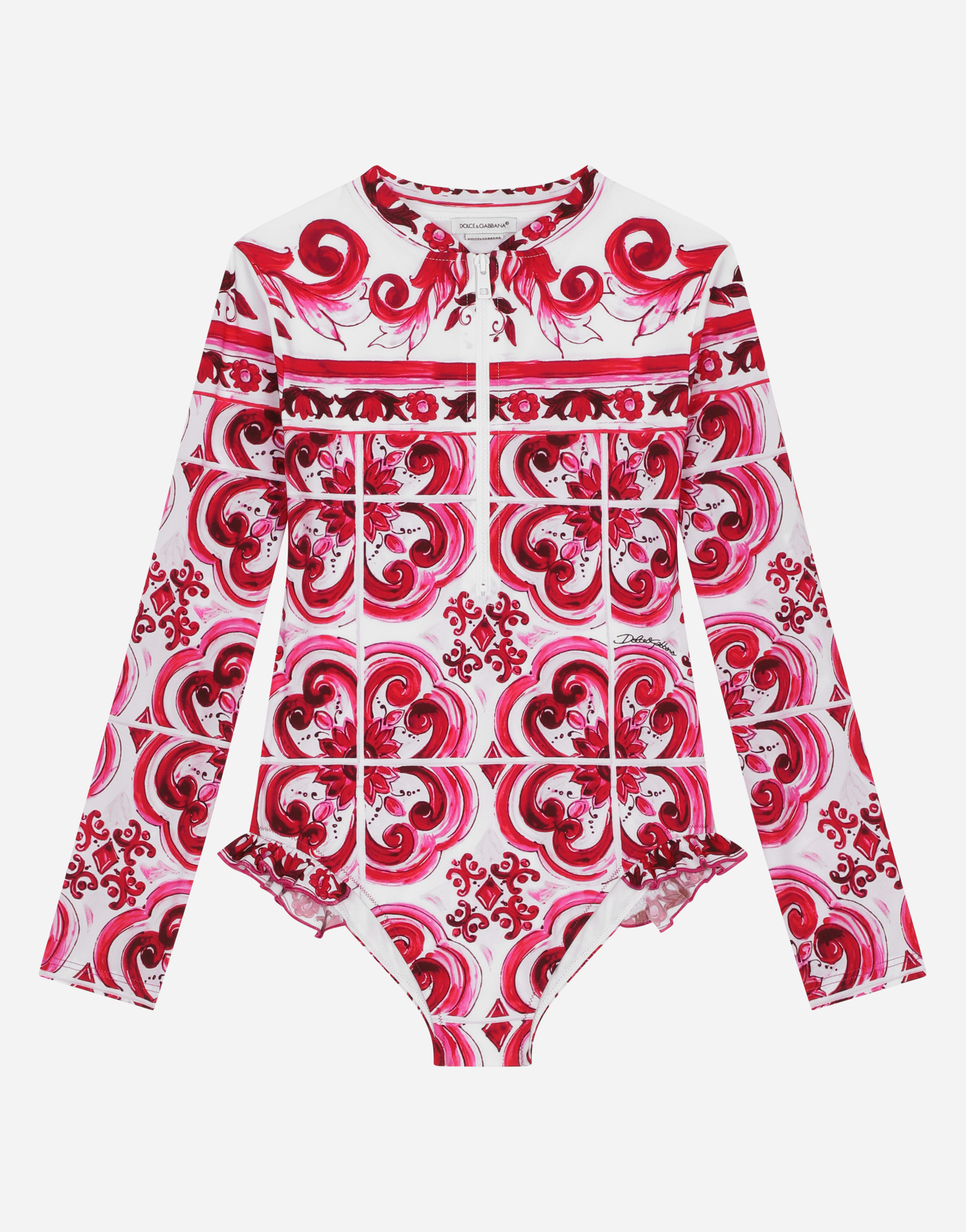 Dolce & Gabbana Kids' Long-sleeved Majolica-print One-piece Swimsuit In Multicolor